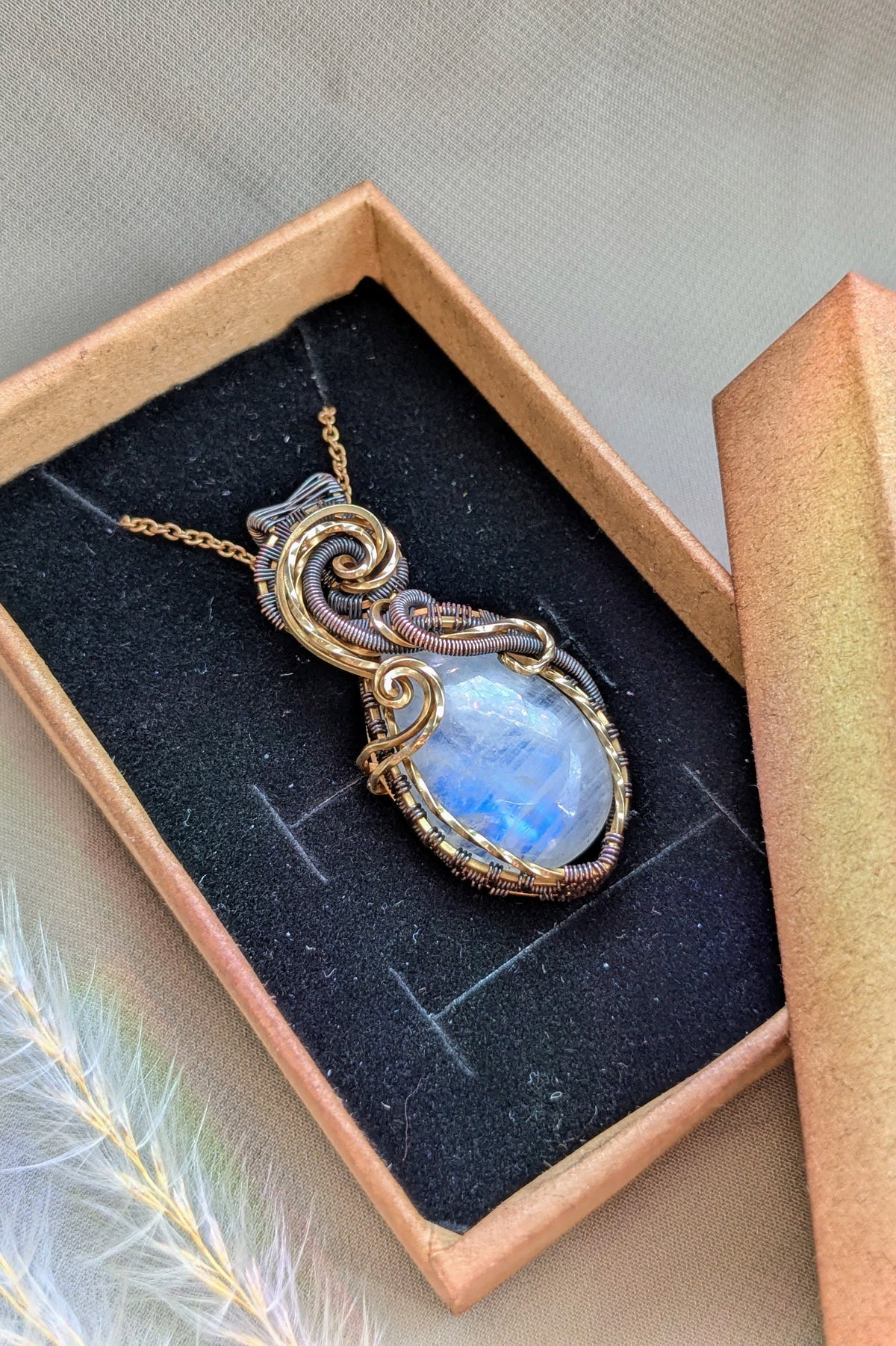 Handcrafted Brass & Copper Wire Wrap Moonstone Necklace