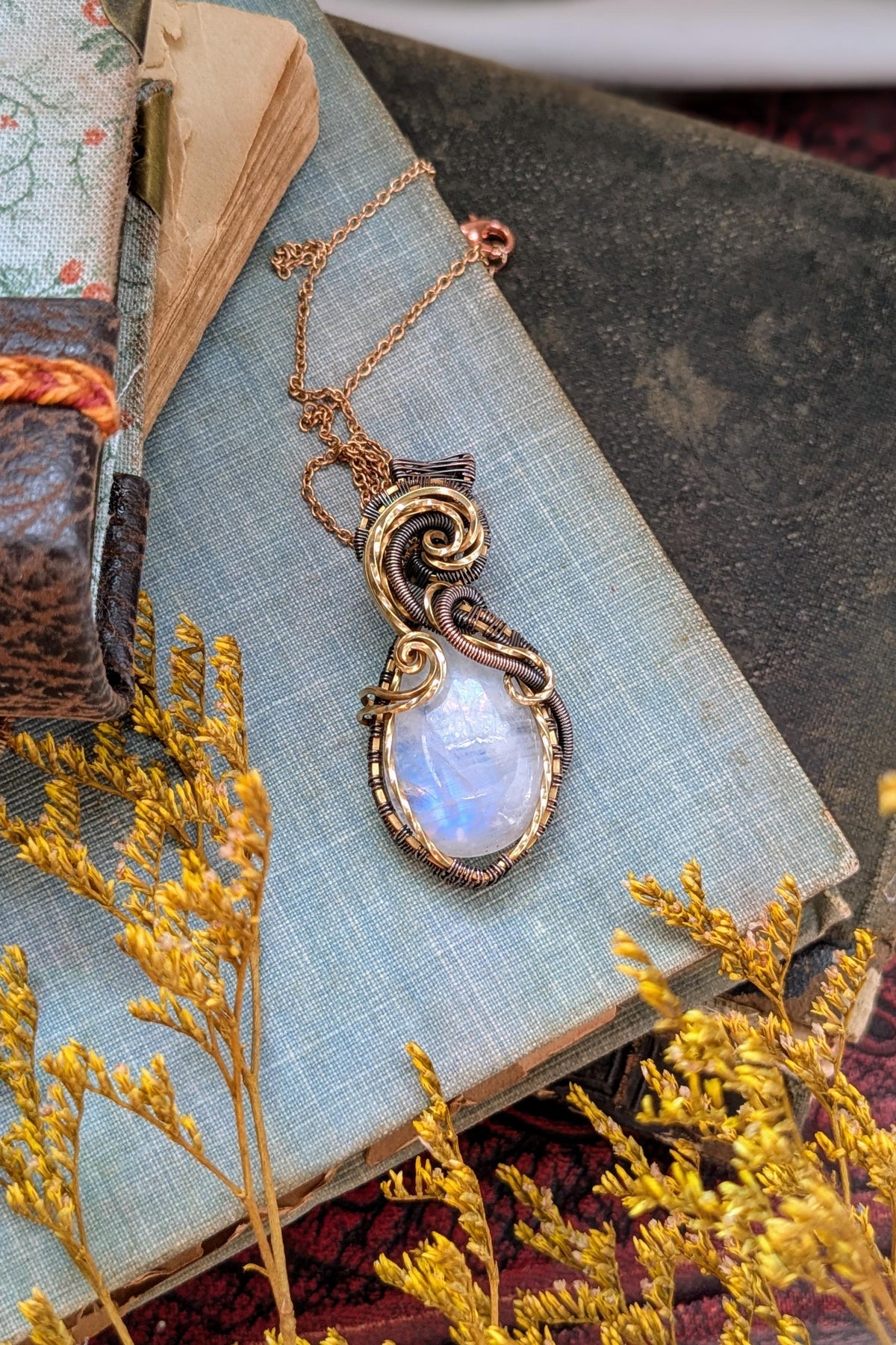 Handcrafted Brass & Copper Wire Wrap Moonstone Necklace