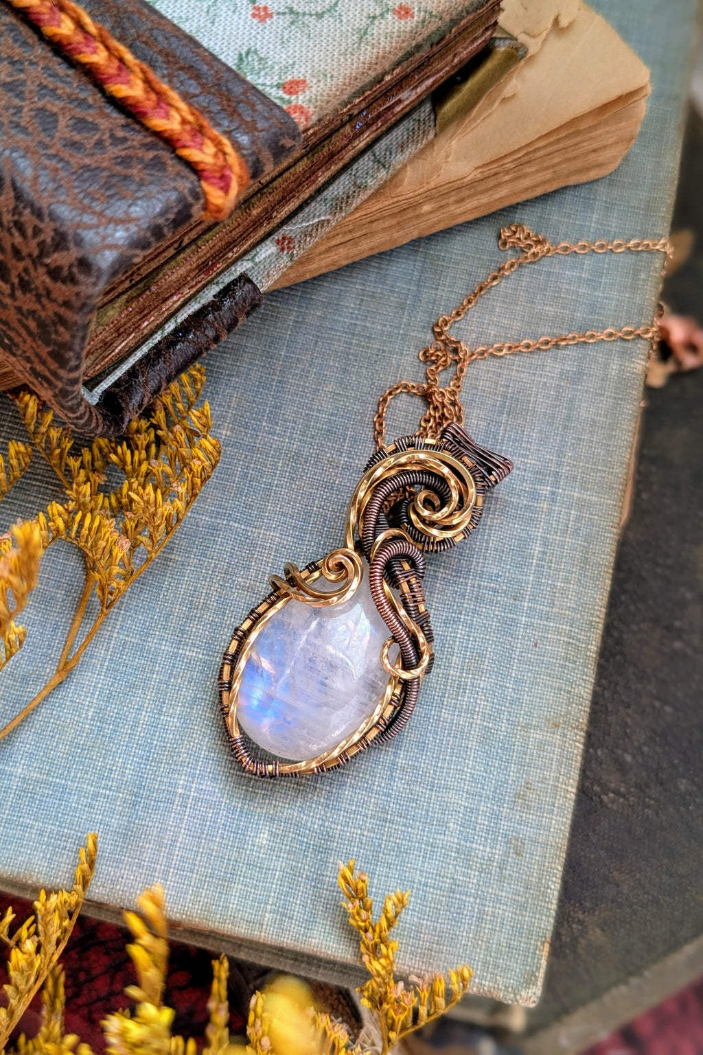Handcrafted Brass & Copper Wire Wrap Moonstone Necklace