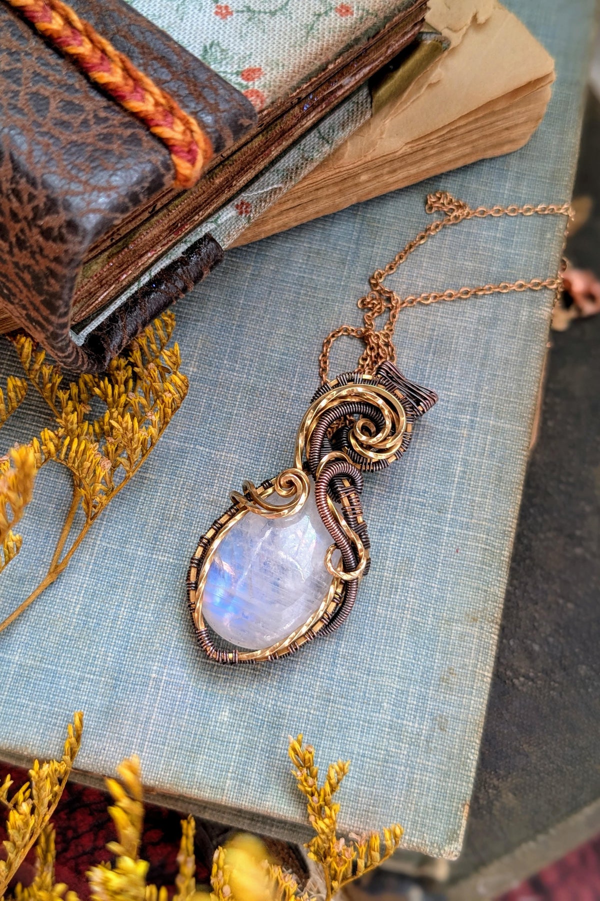 Handcrafted Brass & Copper Wire Wrap Moonstone Necklace