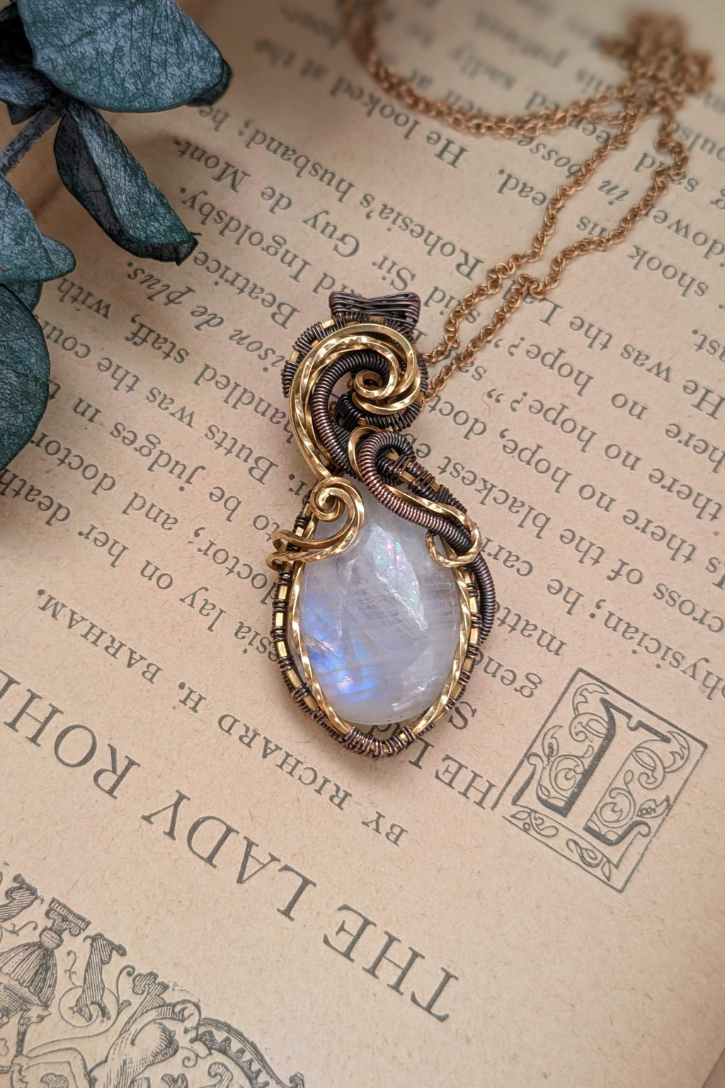 Handcrafted Brass & Copper Wire Wrap Moonstone Necklace