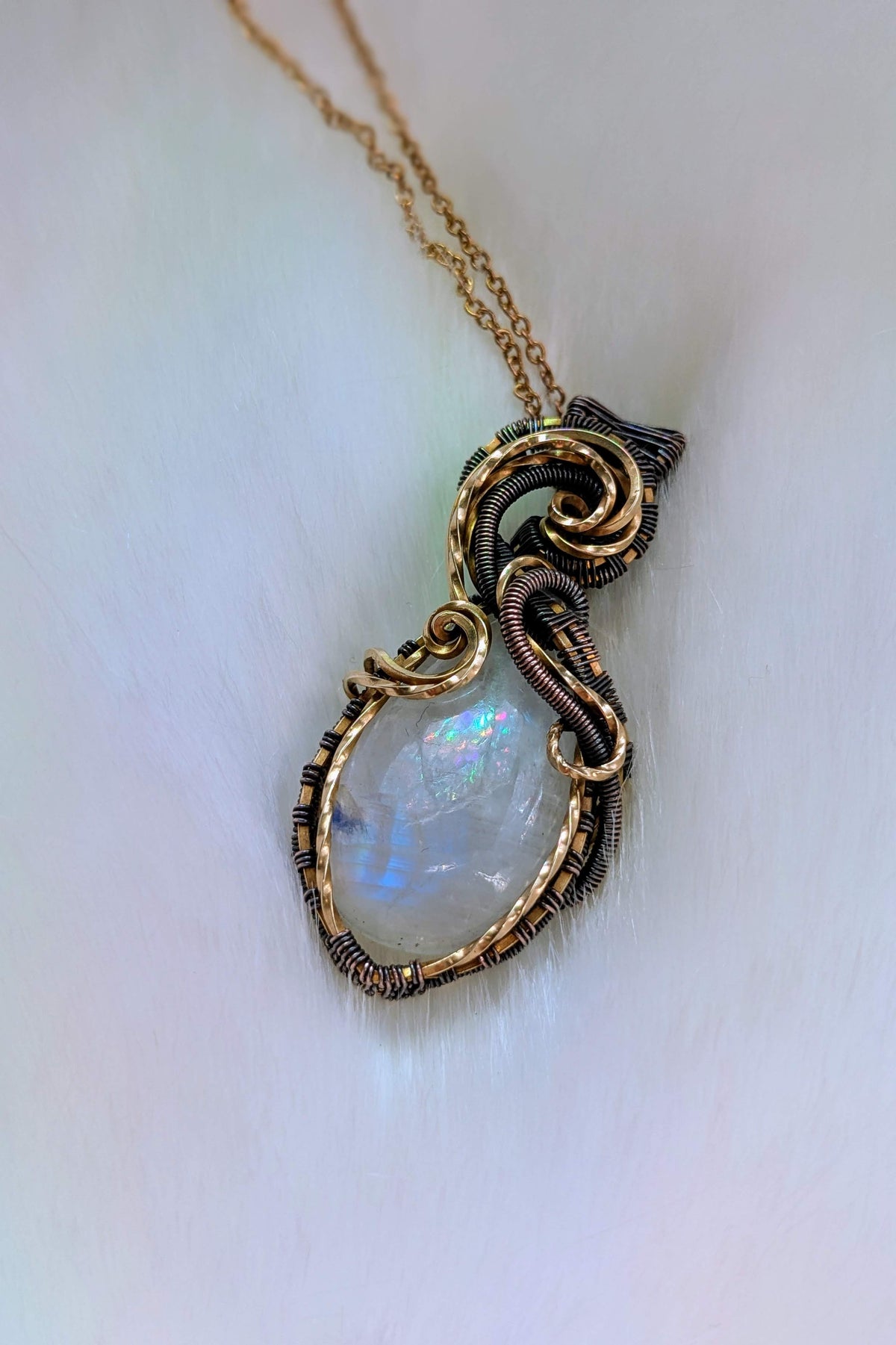 Handcrafted Brass & Copper Wire Wrap Moonstone Necklace