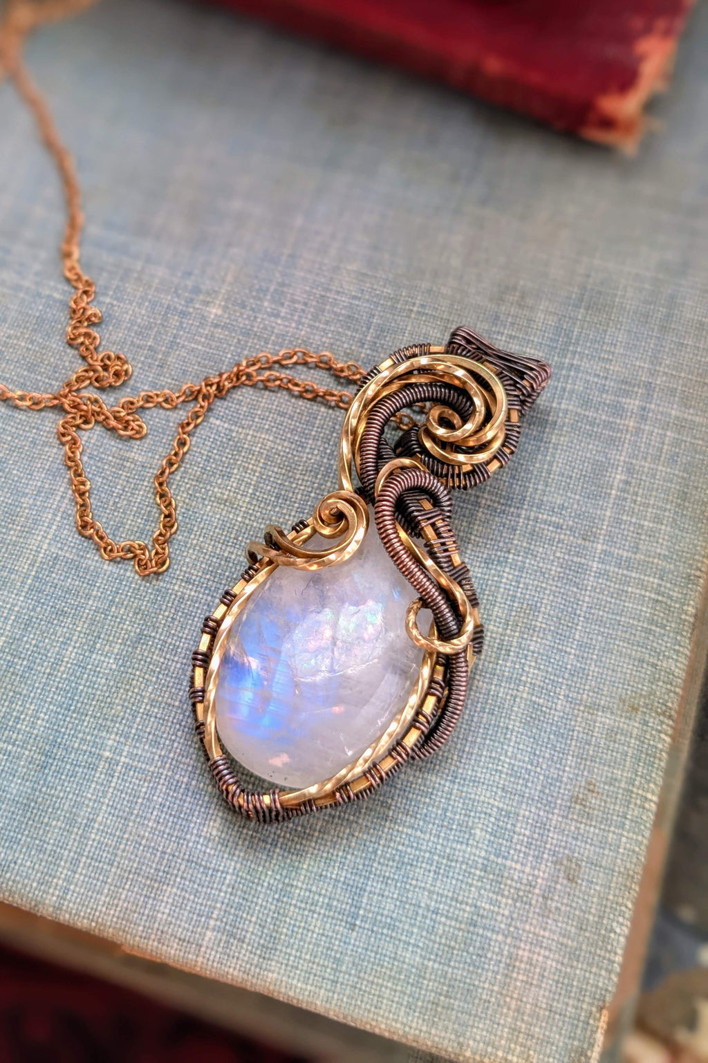 Handcrafted Brass & Copper Wire Wrap Moonstone Necklace