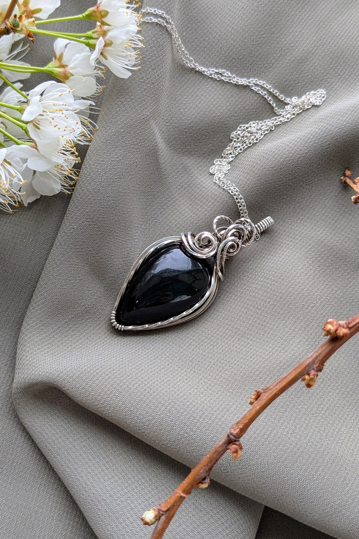 Obsidian and Sterling Silver Wire Wrap Necklace