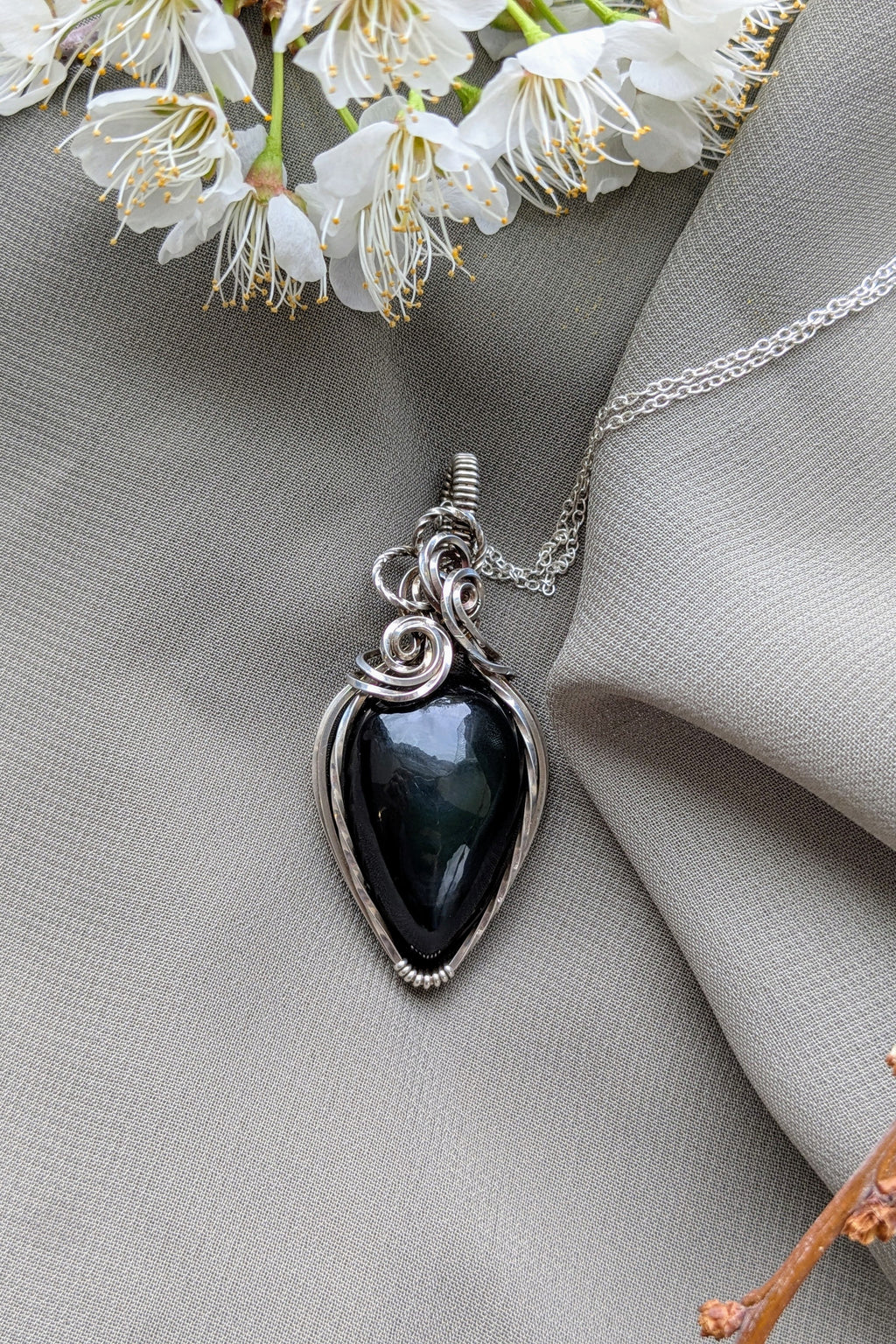 Obsidian and Sterling Silver Wire Wrap Necklace