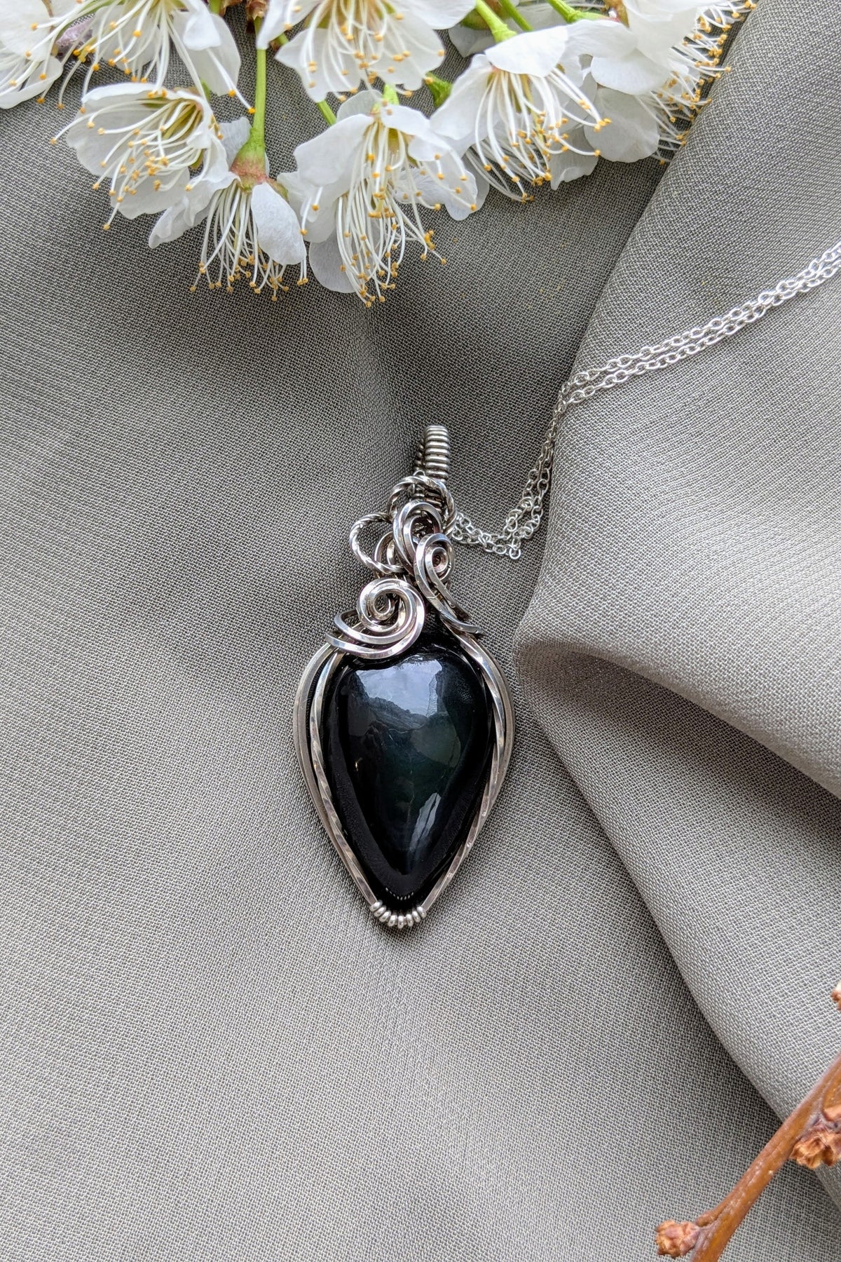 Obsidian and Sterling Silver Wire Wrap Necklace