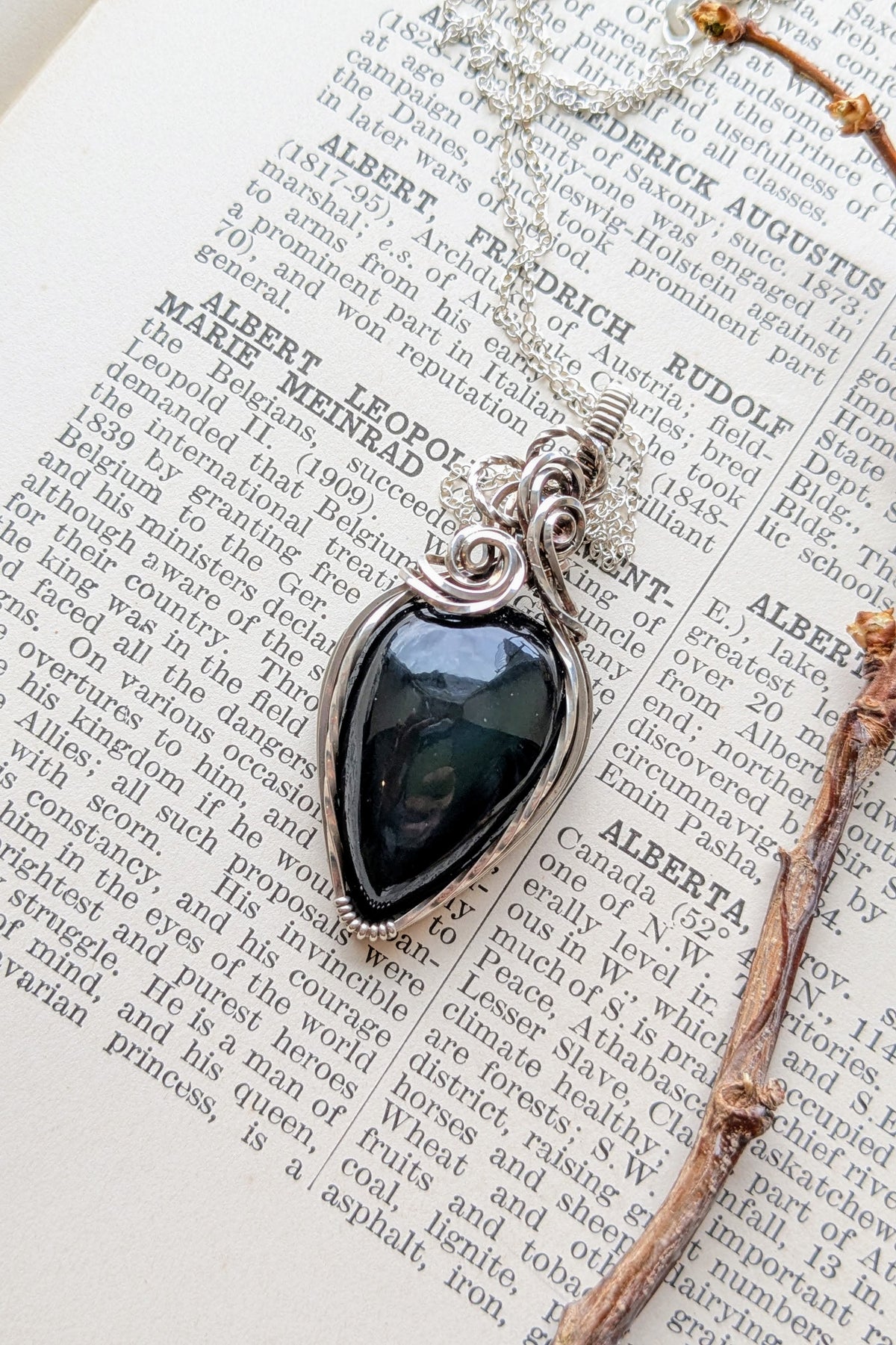 Obsidian and Sterling Silver Wire Wrap Necklace