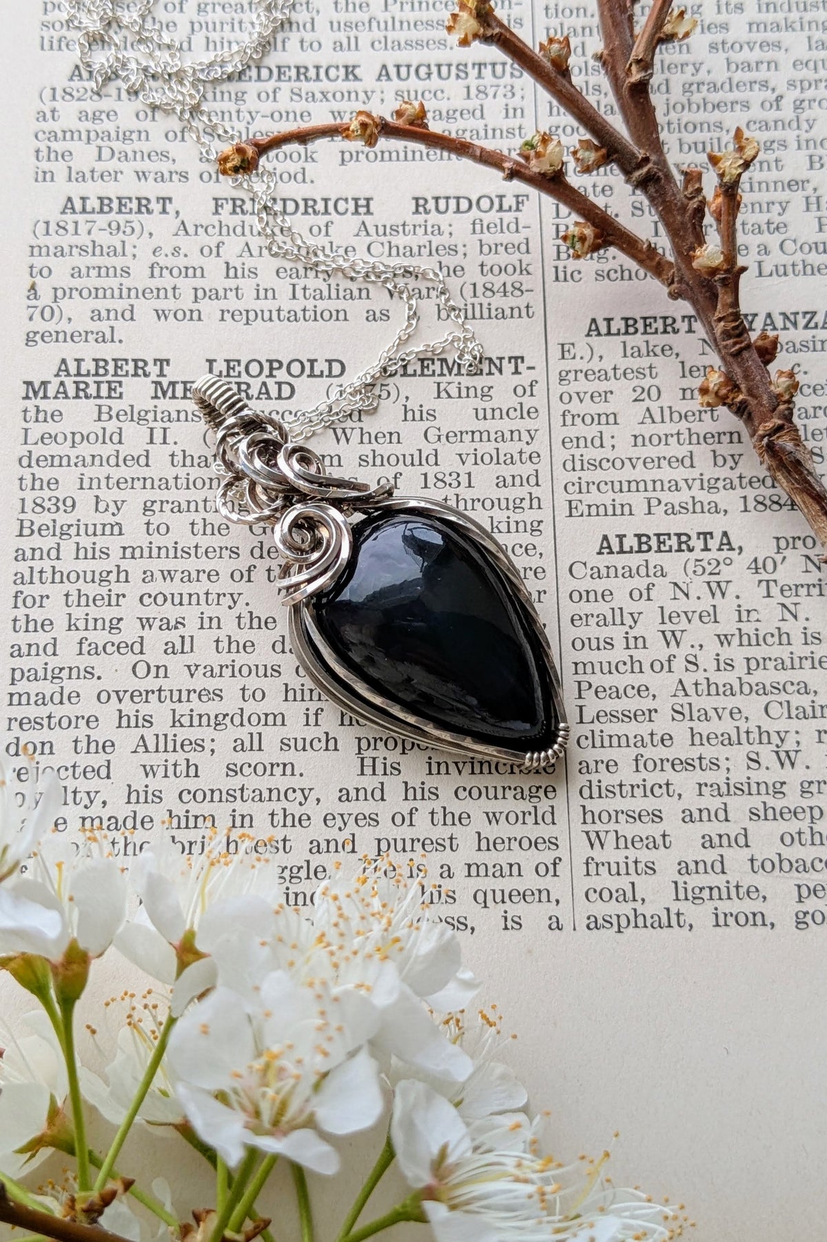 Obsidian and Sterling Silver Wire Wrap Necklace