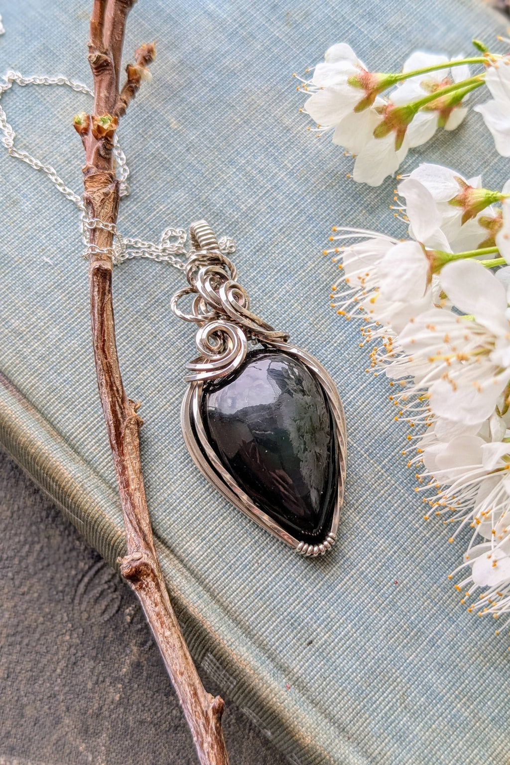 Obsidian and Sterling Silver Wire Wrap Necklace