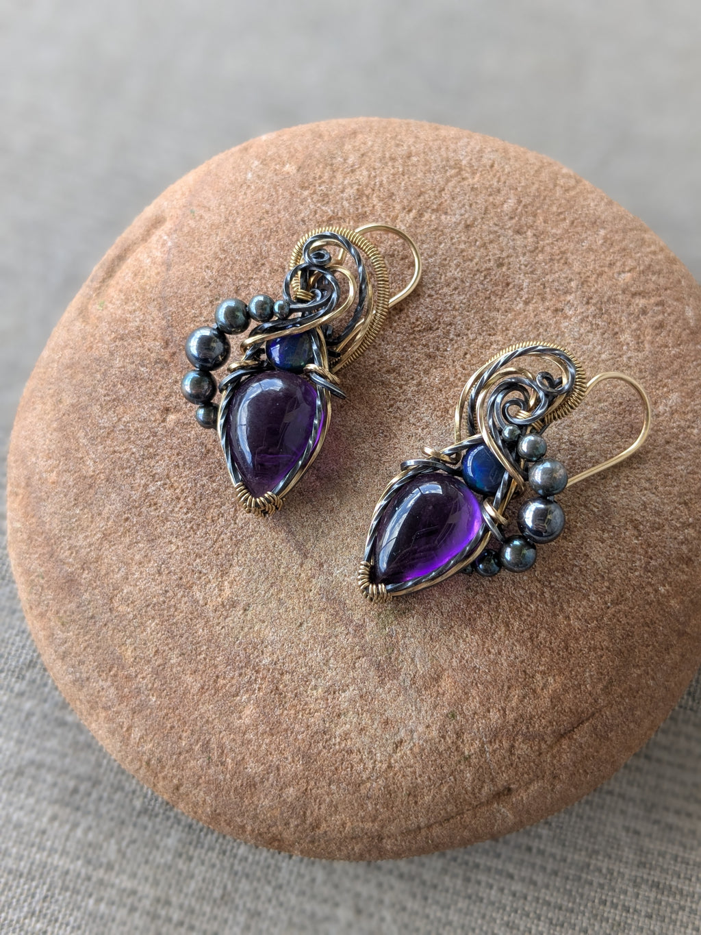 Amethyst and Opal, Sterling Silver and Gold Filled Earrings