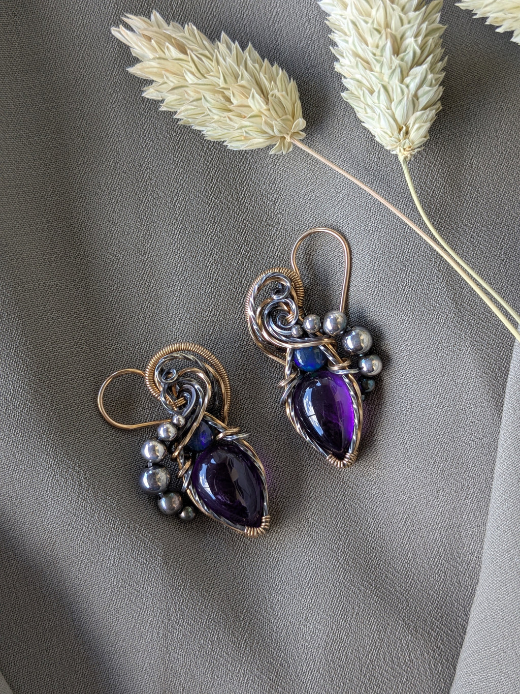 Amethyst and Opal, Sterling Silver and Gold Filled Earrings