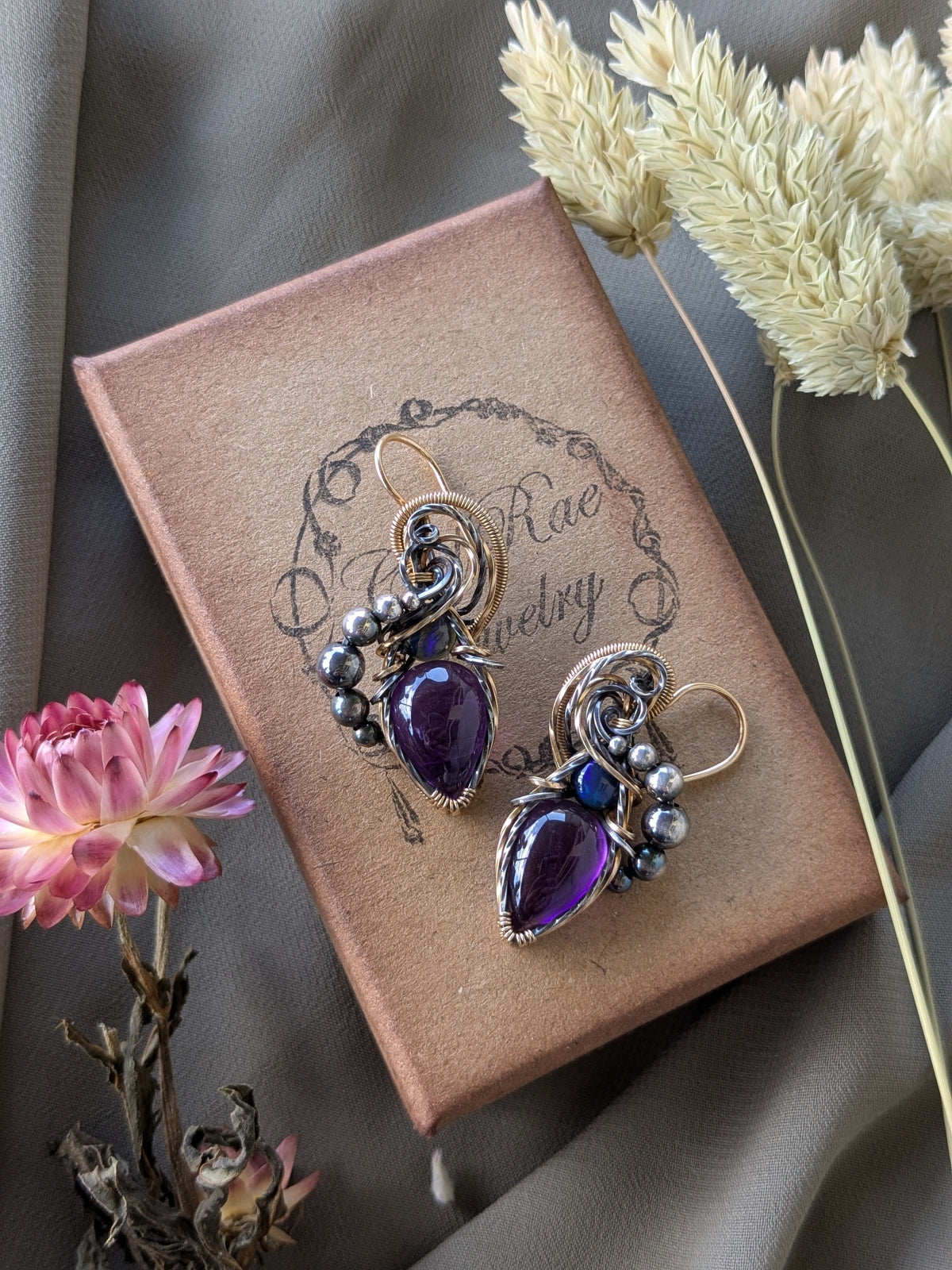 Amethyst and Opal, Sterling Silver and Gold Filled Earrings