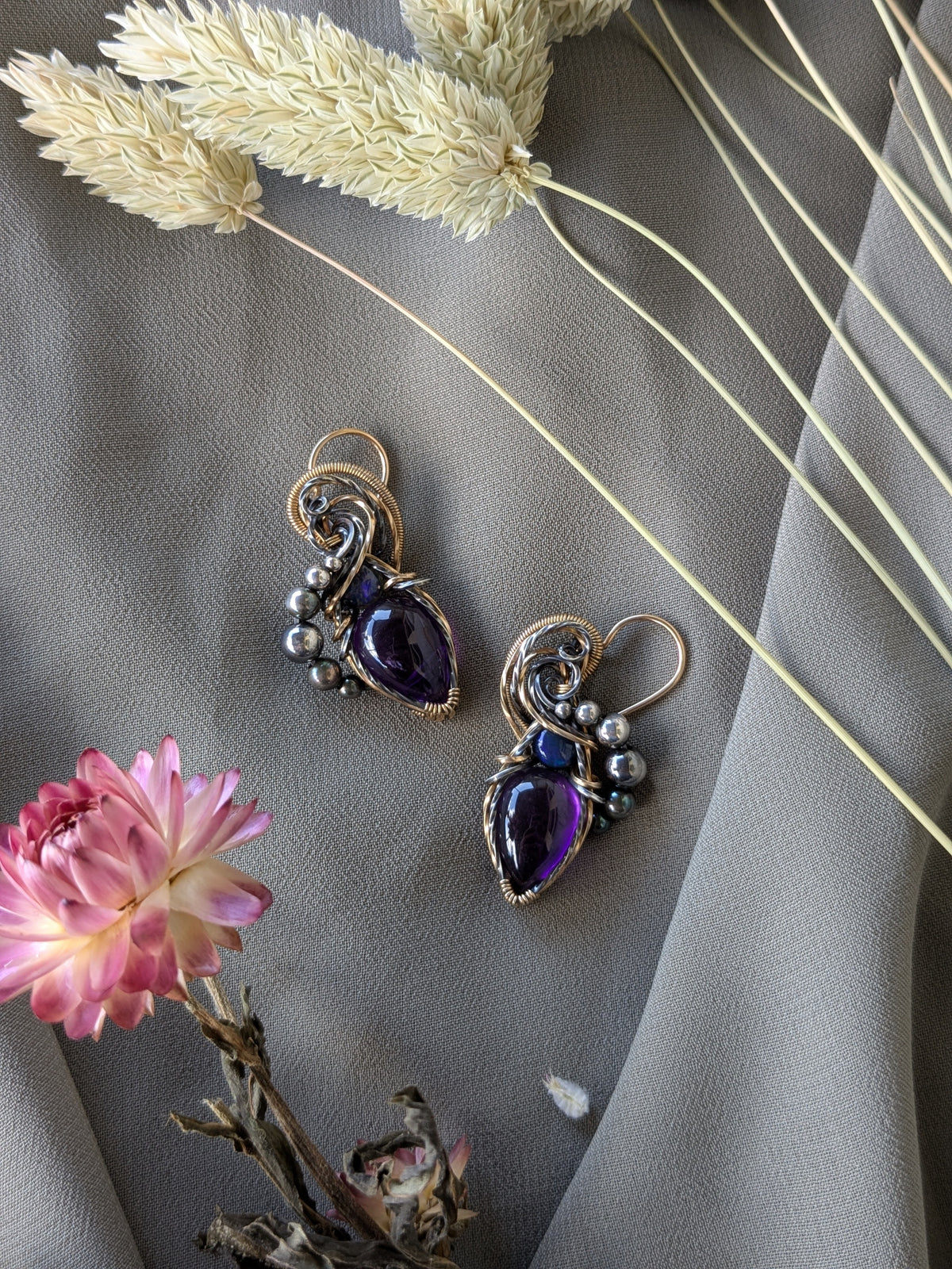 Amethyst and Opal, Sterling Silver and Gold Filled Earrings