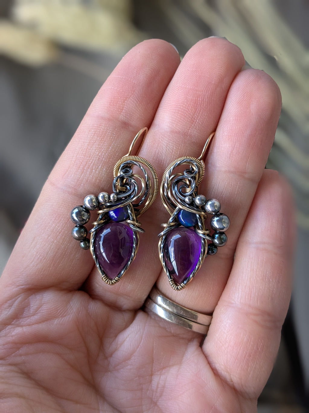 Amethyst and Opal, Sterling Silver and Gold Filled Earrings