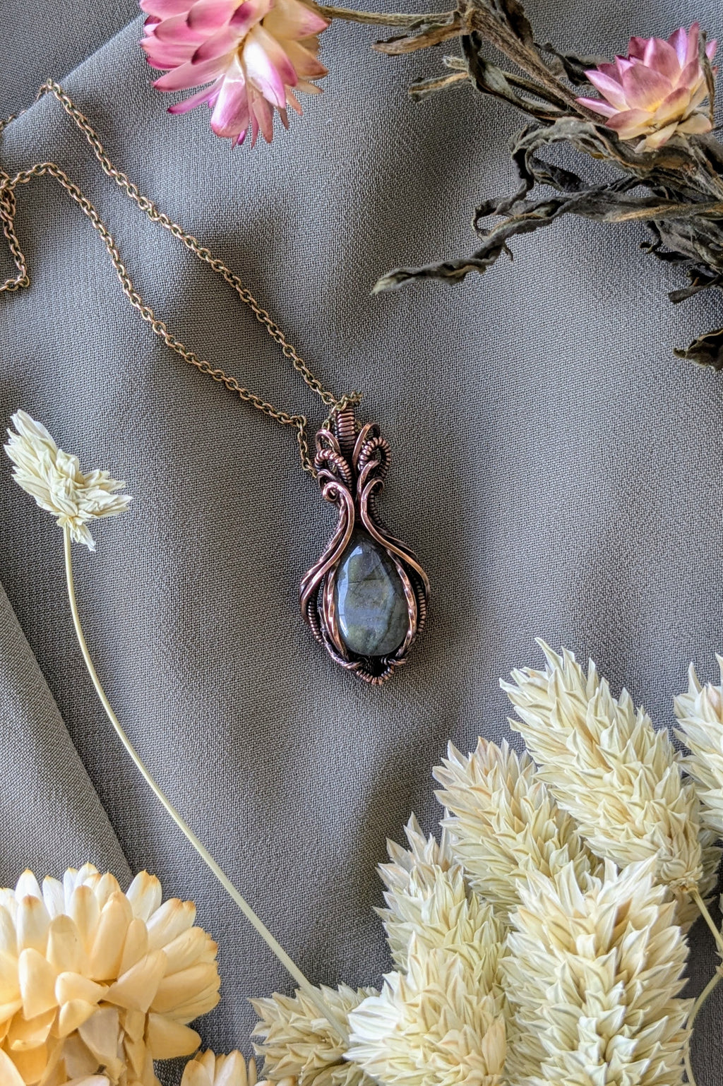 Symmetrical Copper & Blue Labradorite Wire Wrapped Necklace | Handmade Boho Pendant | Natural Crystal Jewelry