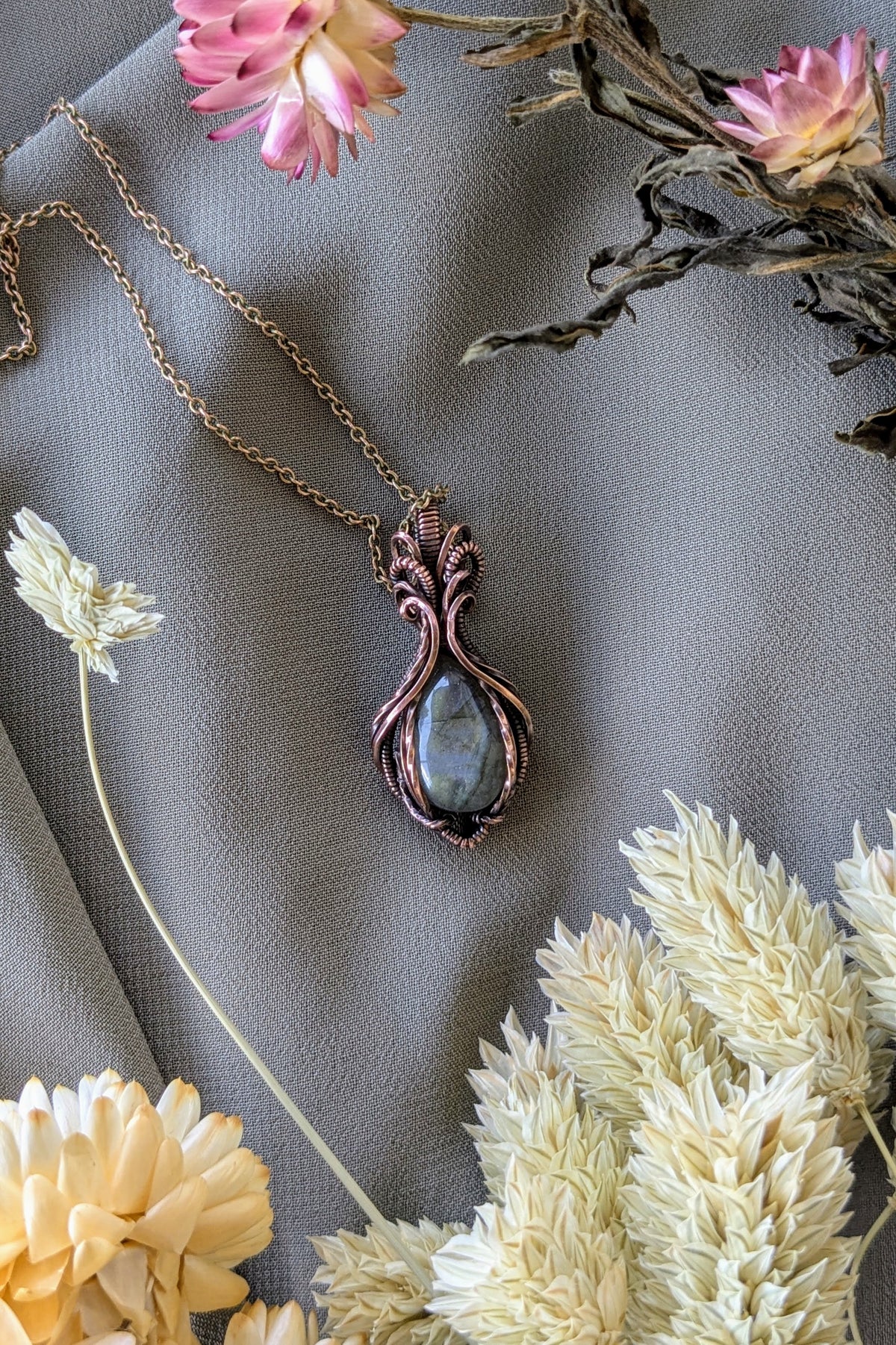 Symmetrical Copper & Blue Labradorite Wire Wrapped Necklace | Handmade Boho Pendant | Natural Crystal Jewelry