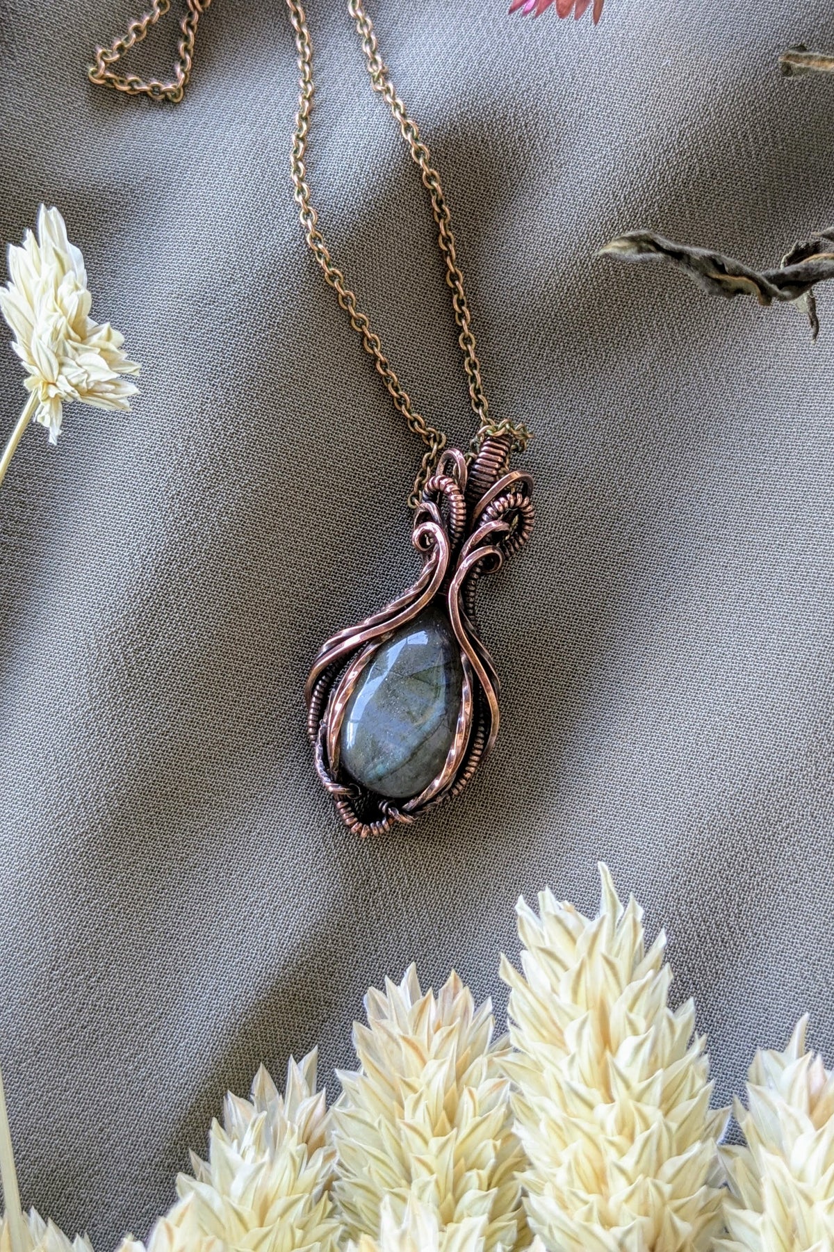 Symmetrical Copper & Blue Labradorite Wire Wrapped Necklace | Handmade Boho Pendant | Natural Crystal Jewelry