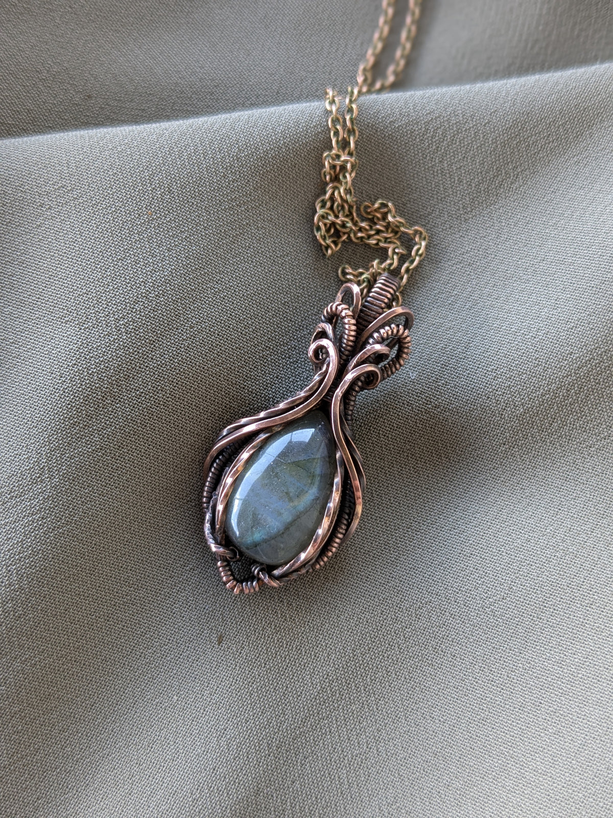 Symmetrical Copper & Blue Labradorite Wire Wrapped Necklace | Handmade Boho Pendant | Natural Crystal Jewelry