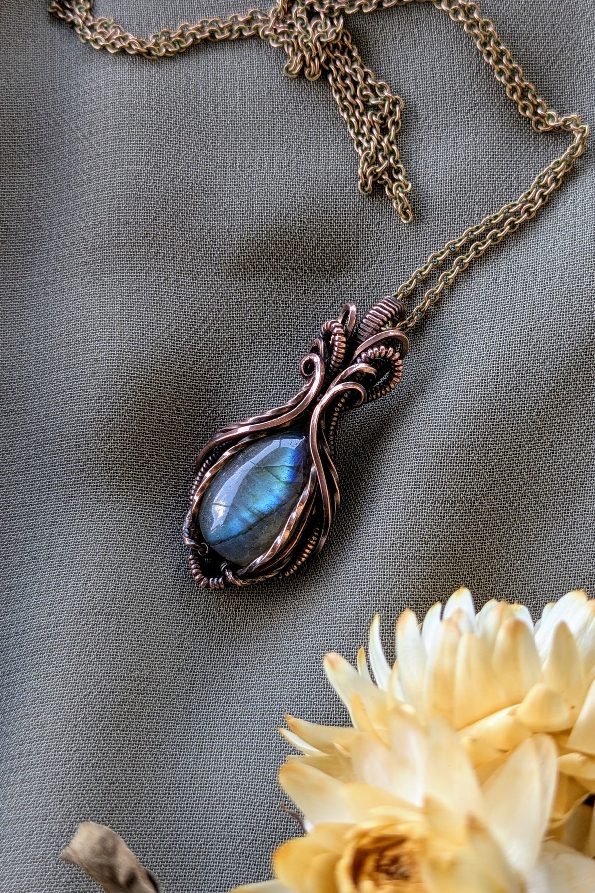 Symmetrical Copper & Blue Labradorite Wire Wrapped Necklace | Handmade Boho Pendant | Natural Crystal Jewelry