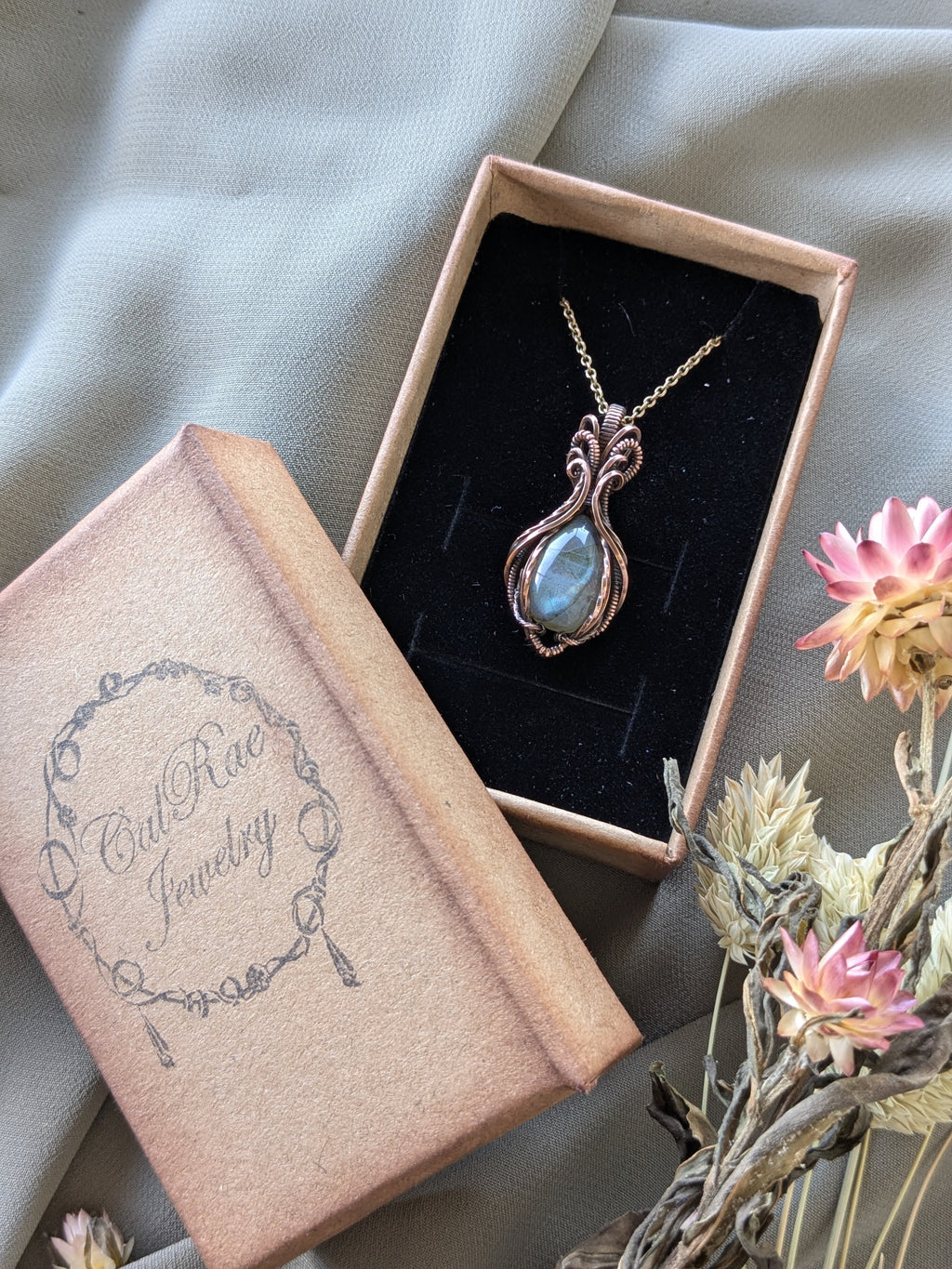 Symmetrical Copper & Blue Labradorite Wire Wrapped Necklace | Handmade Boho Pendant | Natural Crystal Jewelry