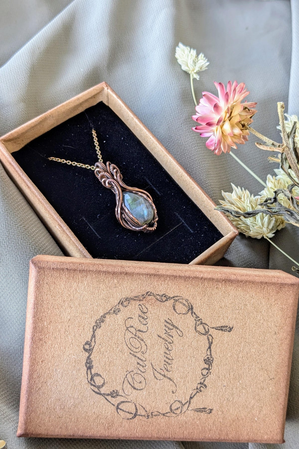 Symmetrical Copper & Blue Labradorite Wire Wrapped Necklace | Handmade Boho Pendant | Natural Crystal Jewelry