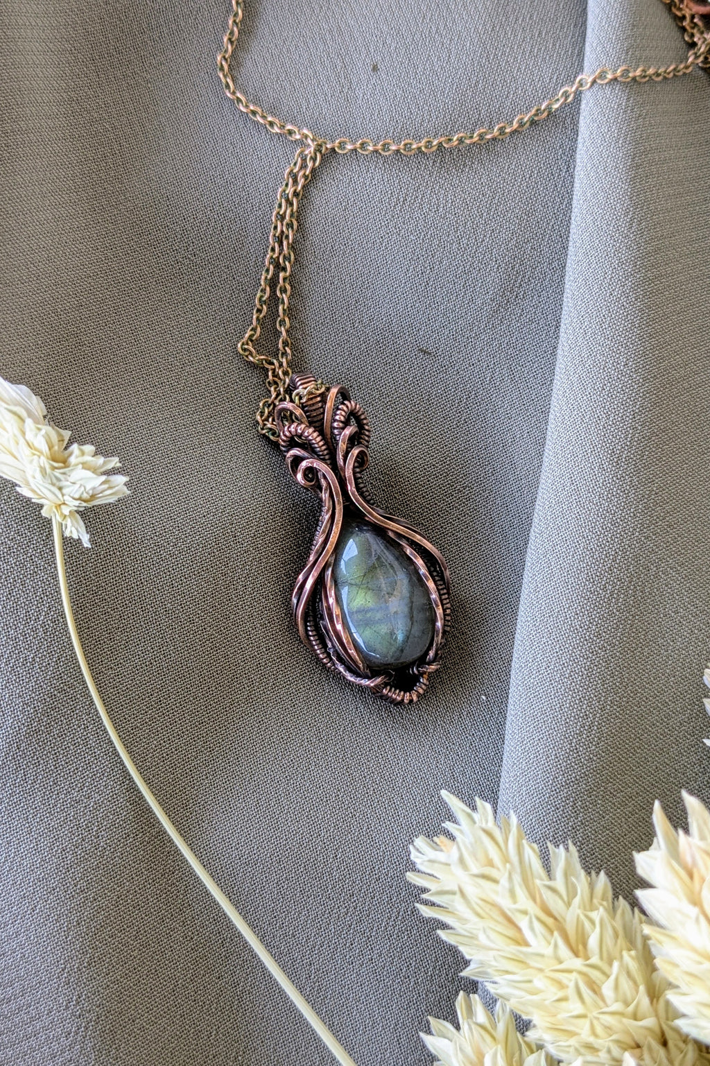 Symmetrical Copper & Blue Labradorite Wire Wrapped Necklace | Handmade Boho Pendant | Natural Crystal Jewelry