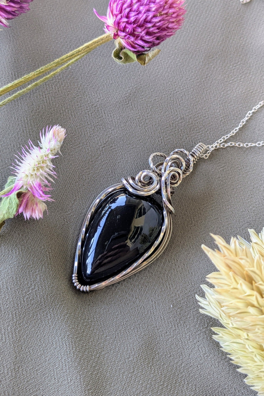 Obsidian and Sterling Silver Wire Wrap Necklace