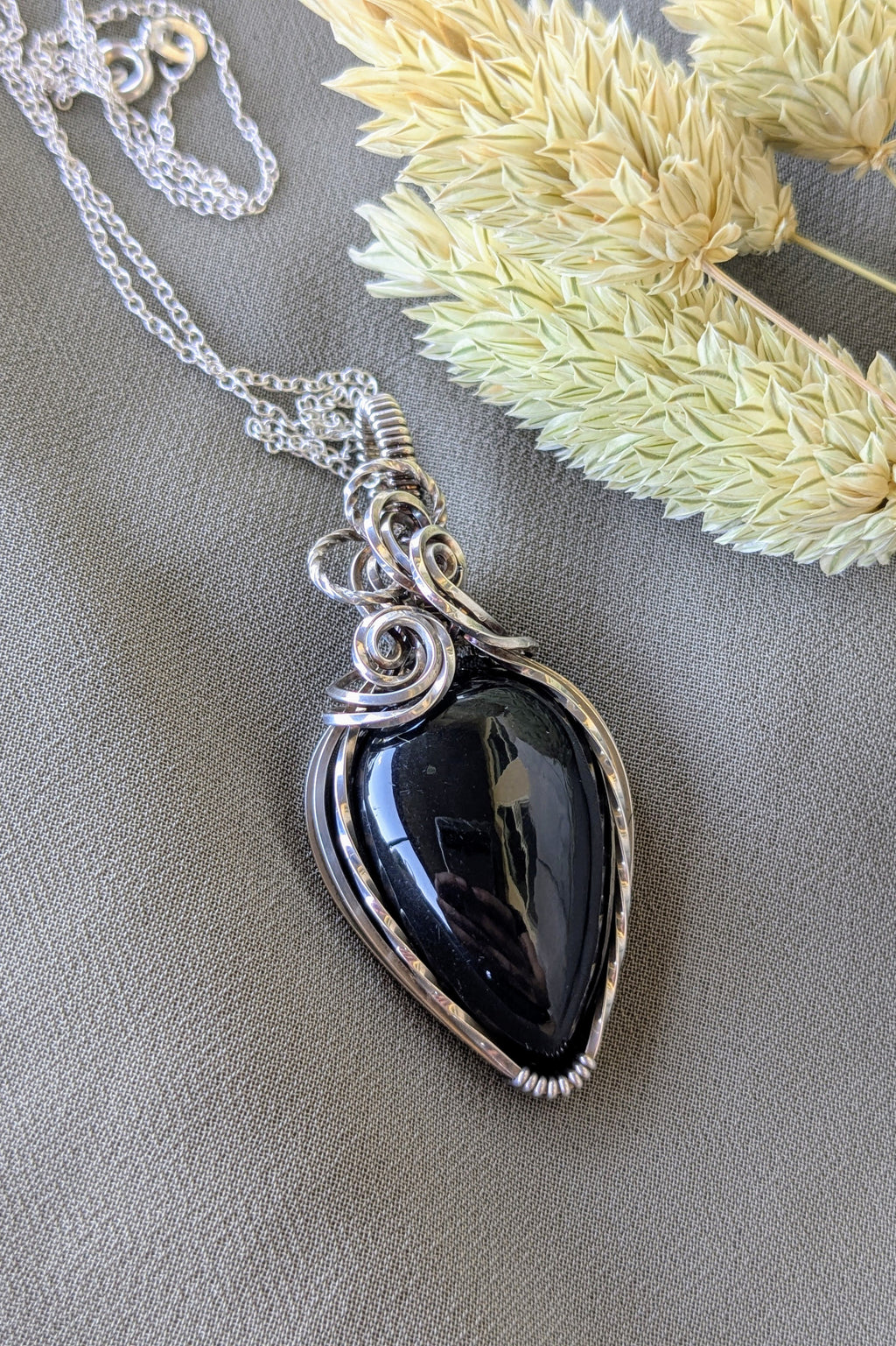 Obsidian and Sterling Silver Wire Wrap Necklace