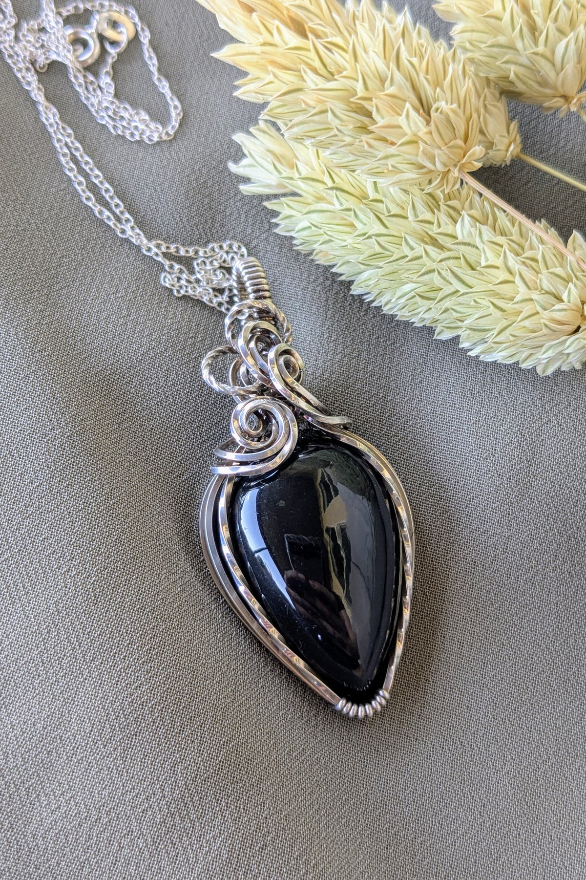 Obsidian and Sterling Silver Wire Wrap Necklace