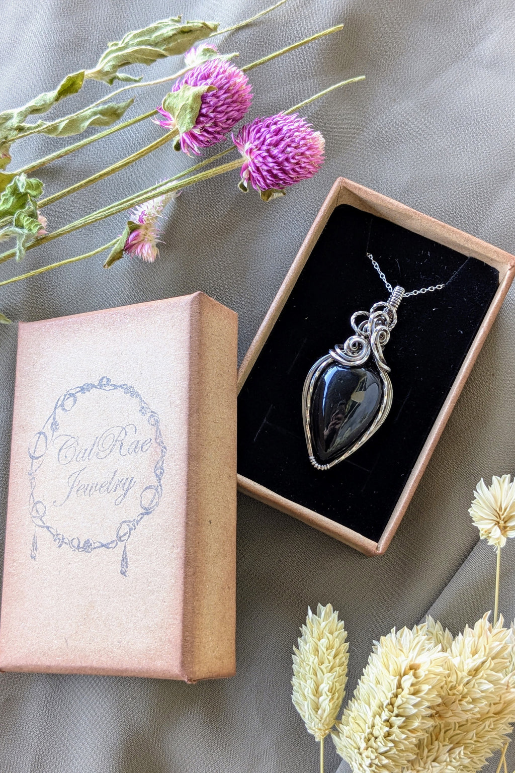Obsidian and Sterling Silver Wire Wrap Necklace