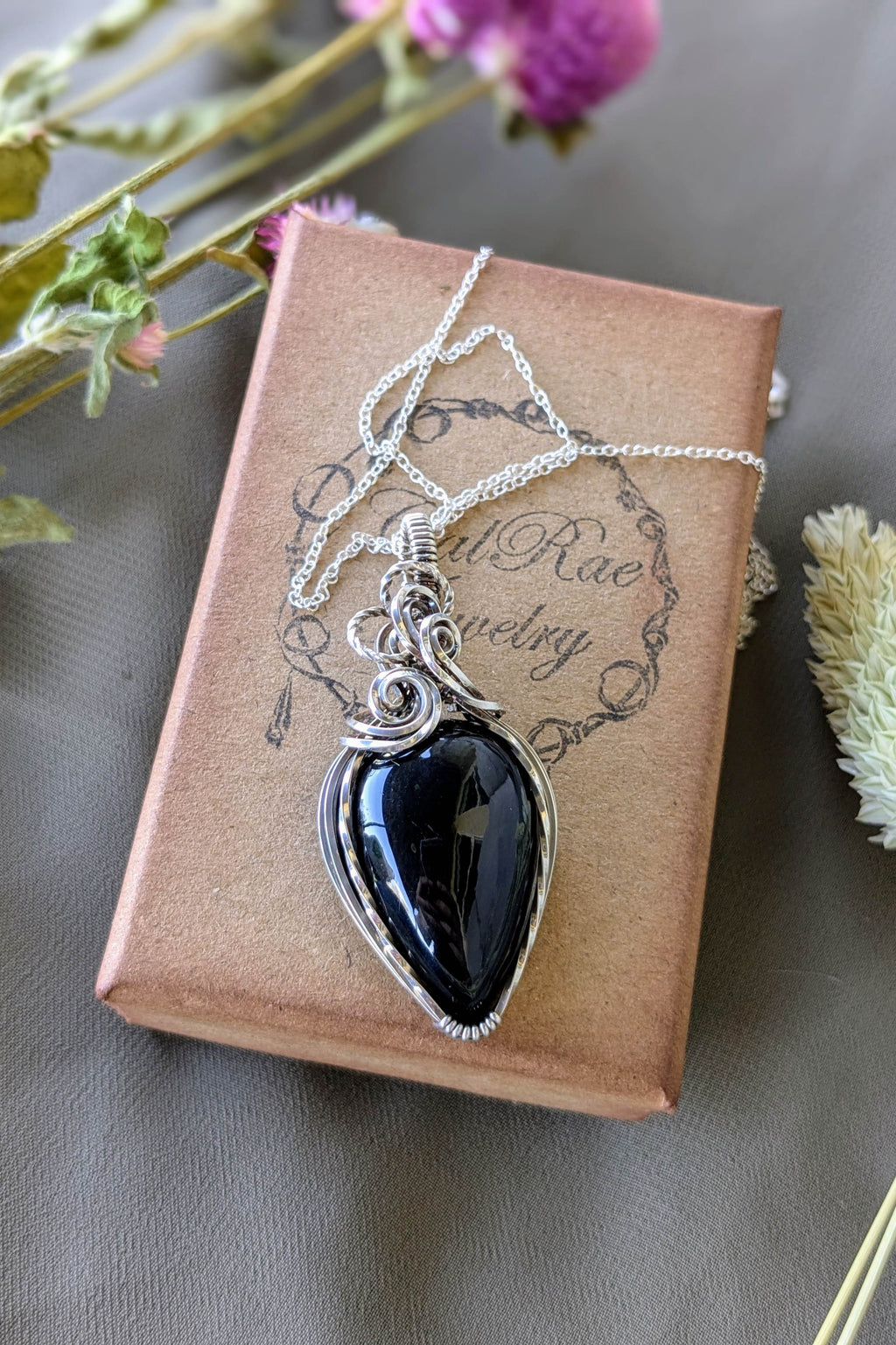 Obsidian and Sterling Silver Wire Wrap Necklace