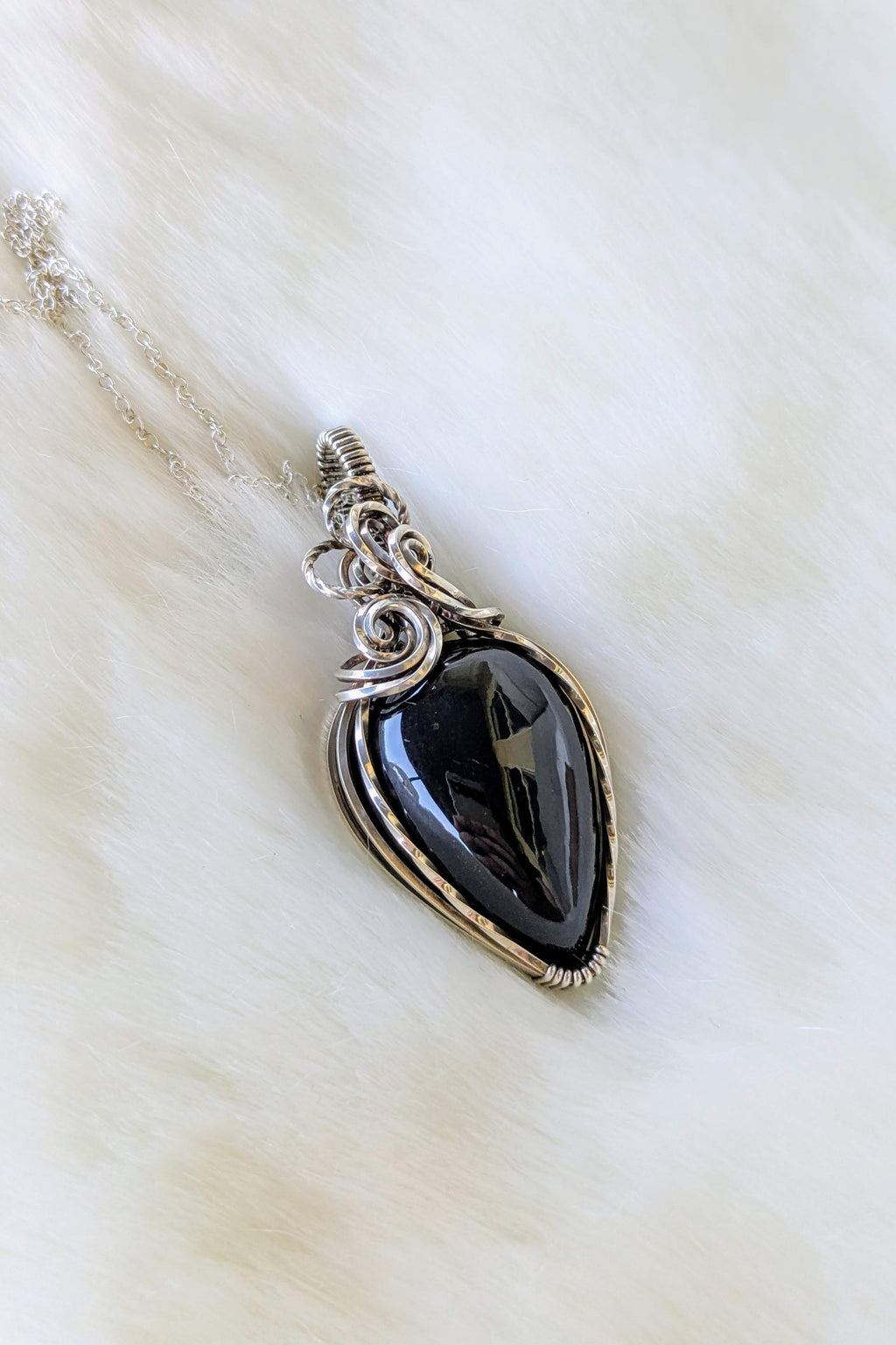 Obsidian and Sterling Silver Wire Wrap Necklace