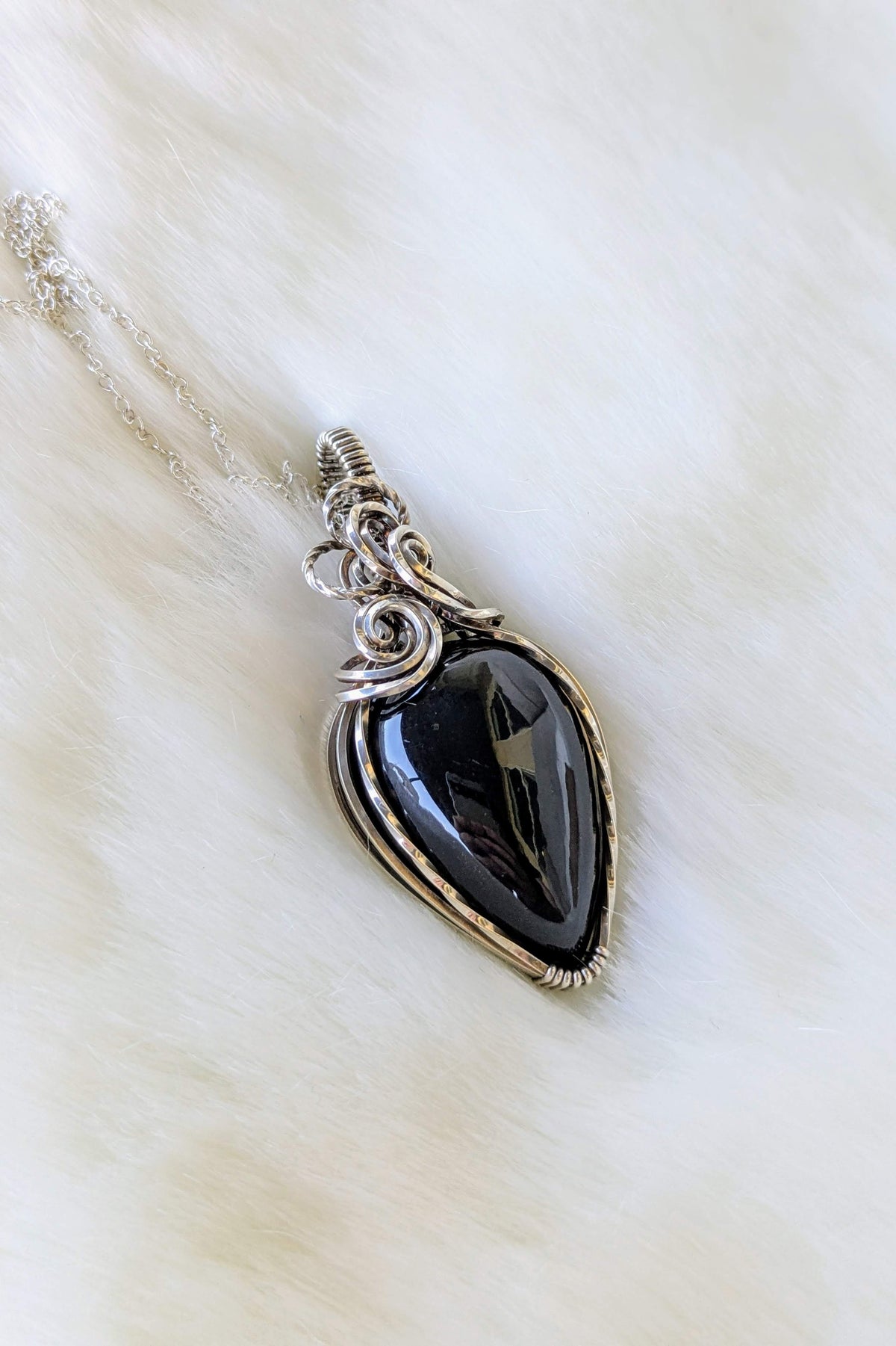 Obsidian and Sterling Silver Wire Wrap Necklace
