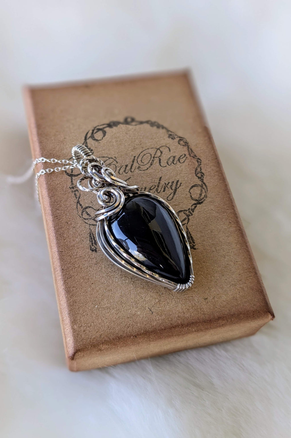 Obsidian and Sterling Silver Wire Wrap Necklace