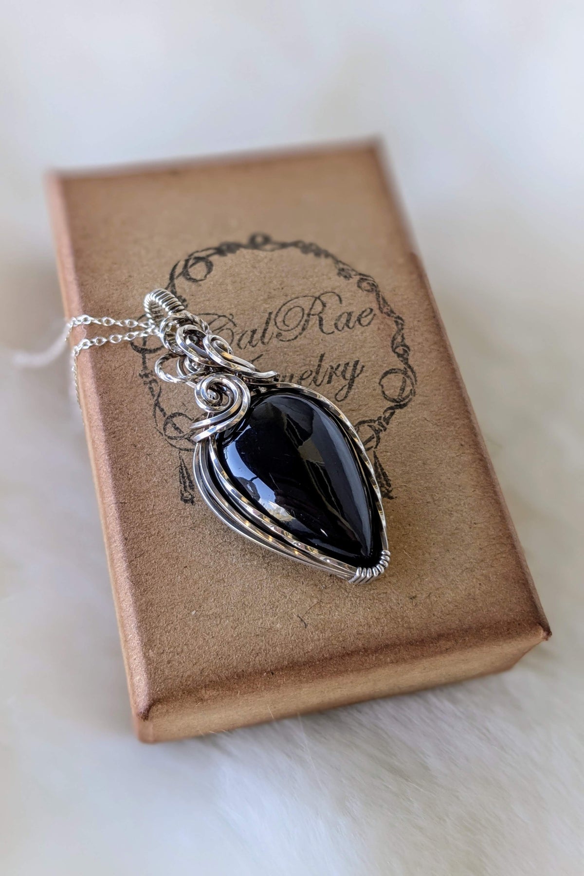 Obsidian and Sterling Silver Wire Wrap Necklace