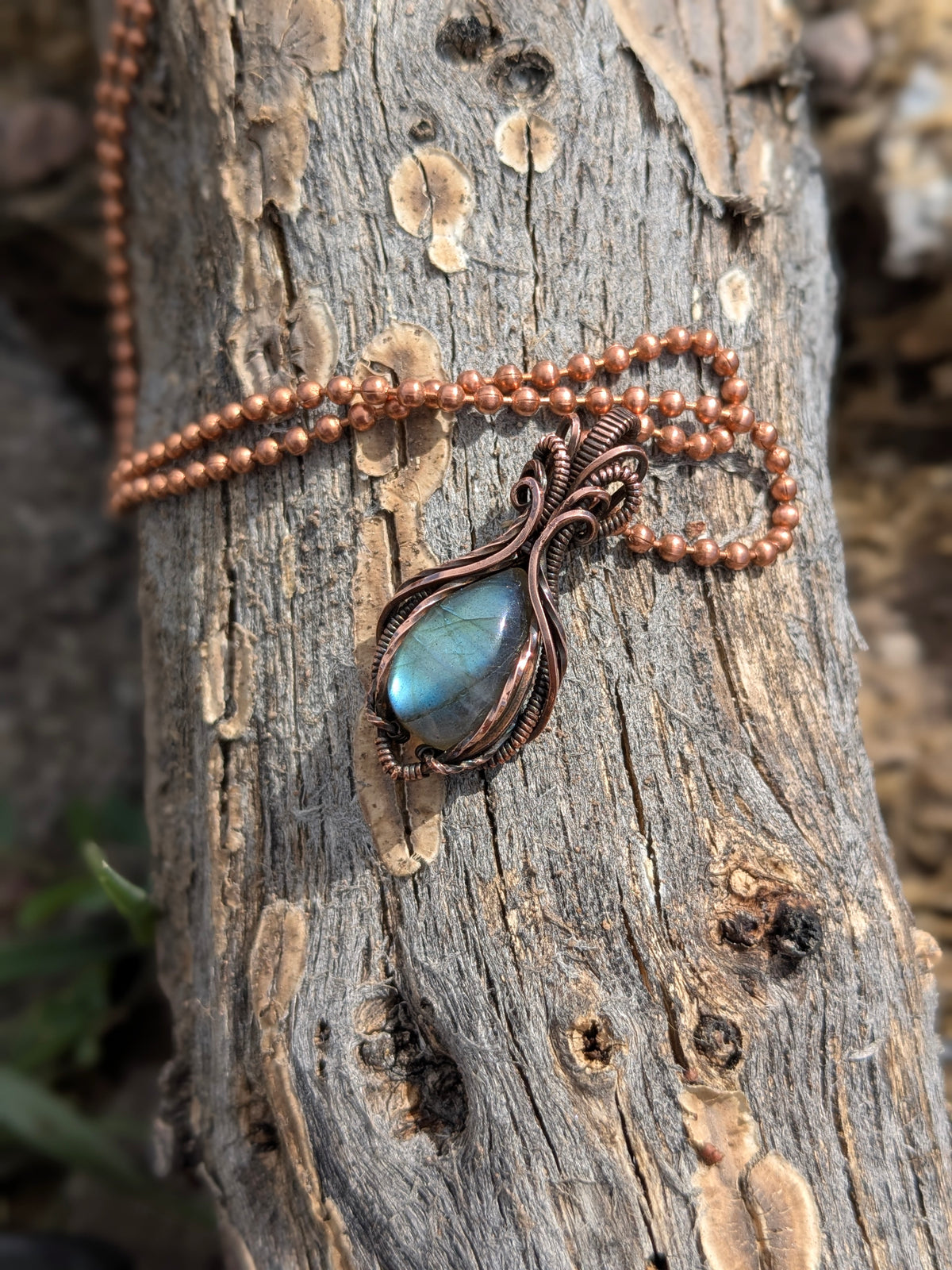Symmetrical Copper & Blue Labradorite Wire Wrapped Necklace | Handmade Boho Pendant | Natural Crystal Jewelry