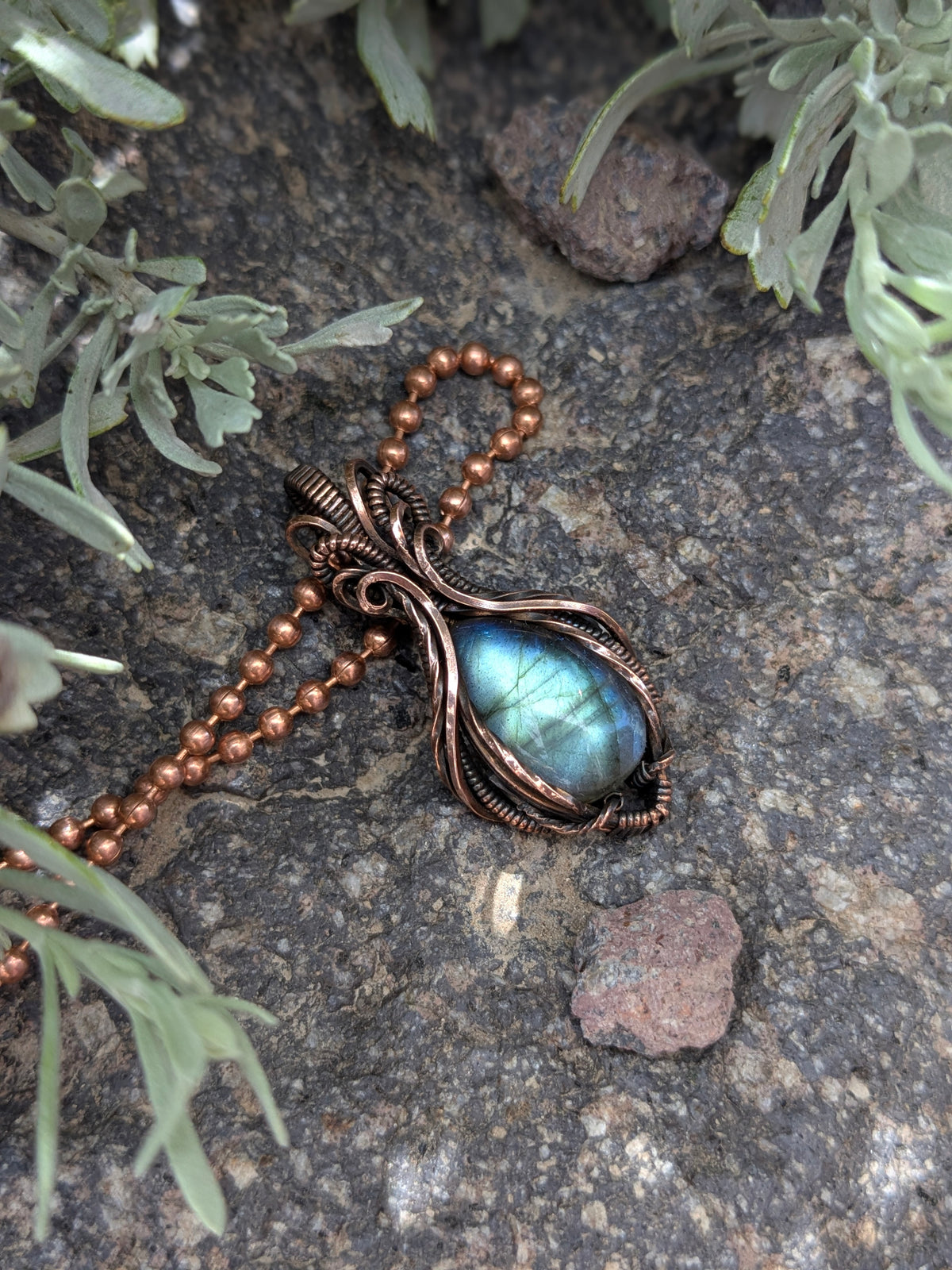 Symmetrical Copper & Blue Labradorite Wire Wrapped Necklace | Handmade Boho Pendant | Natural Crystal Jewelry