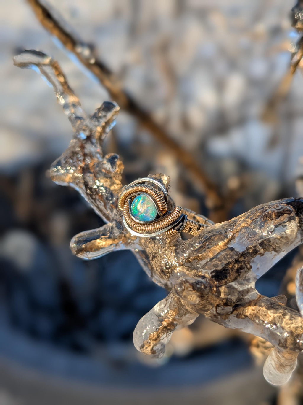 Handcrafted Opal Ring Wrapped in Gold Filled Wire and Sterling Silver Wire