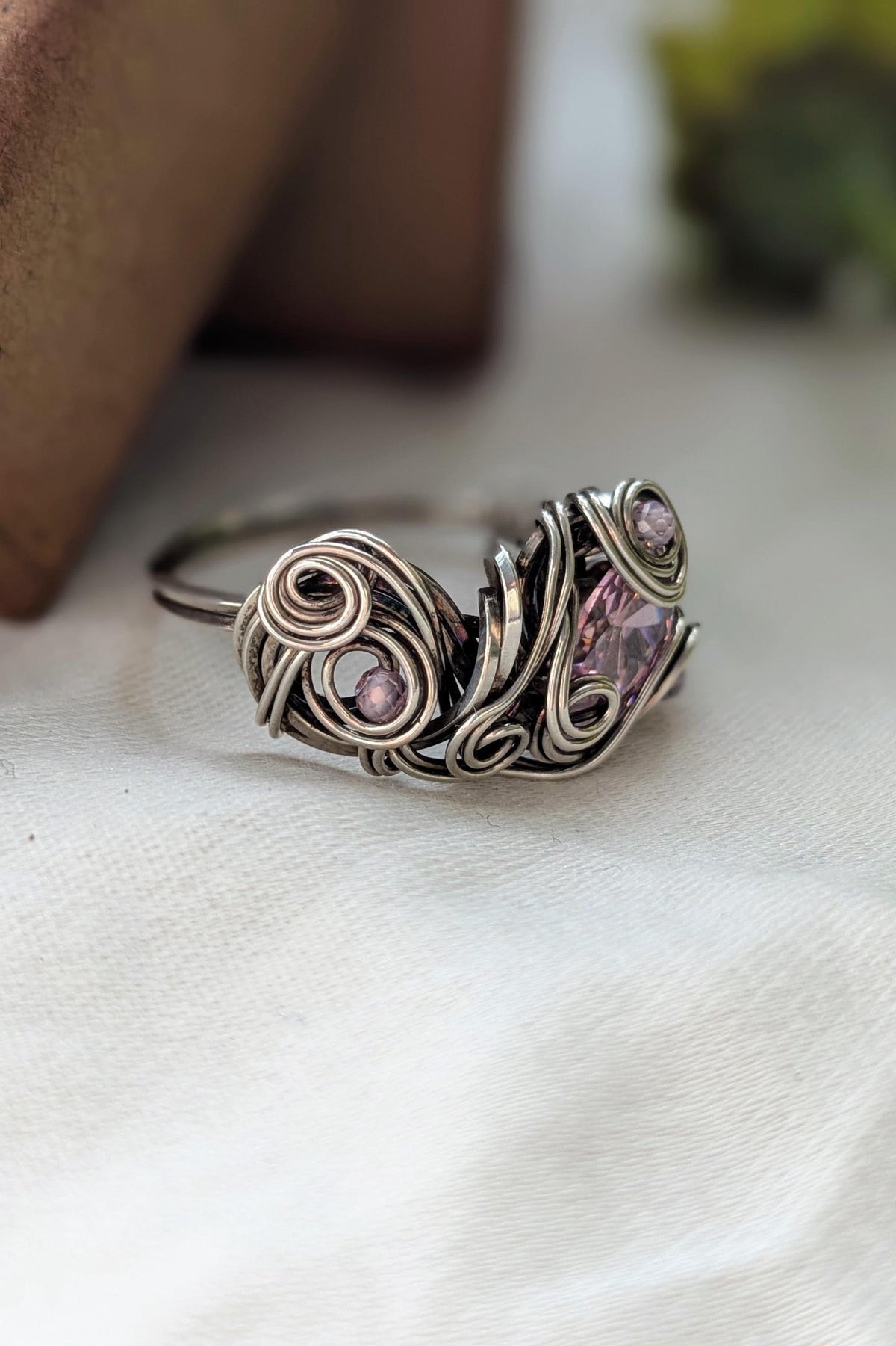 Pink Cubic Zirconia and Silver Filled Wire Wrap Ring