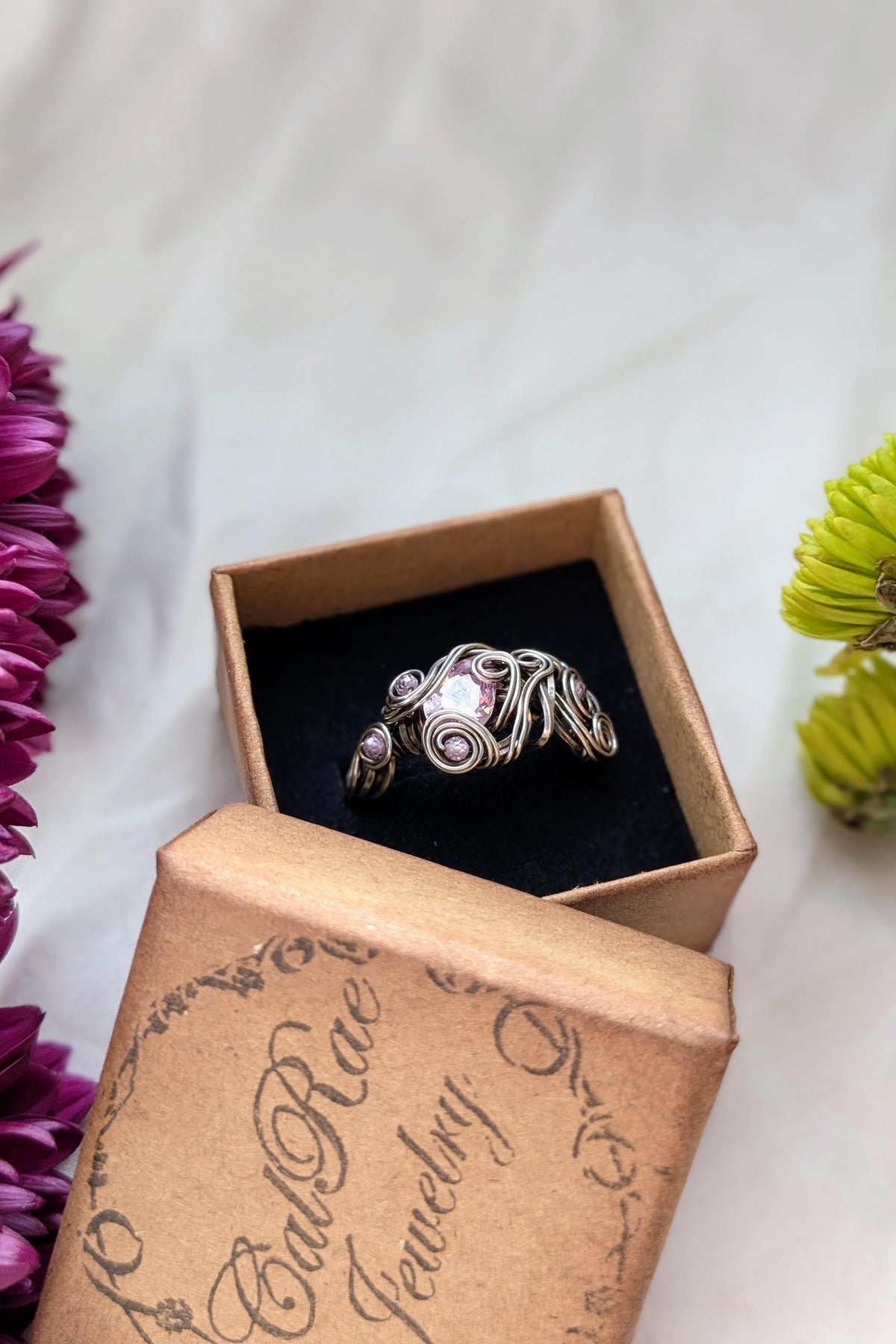 Pink Cubic Zirconia and Silver Filled Wire Wrap Ring