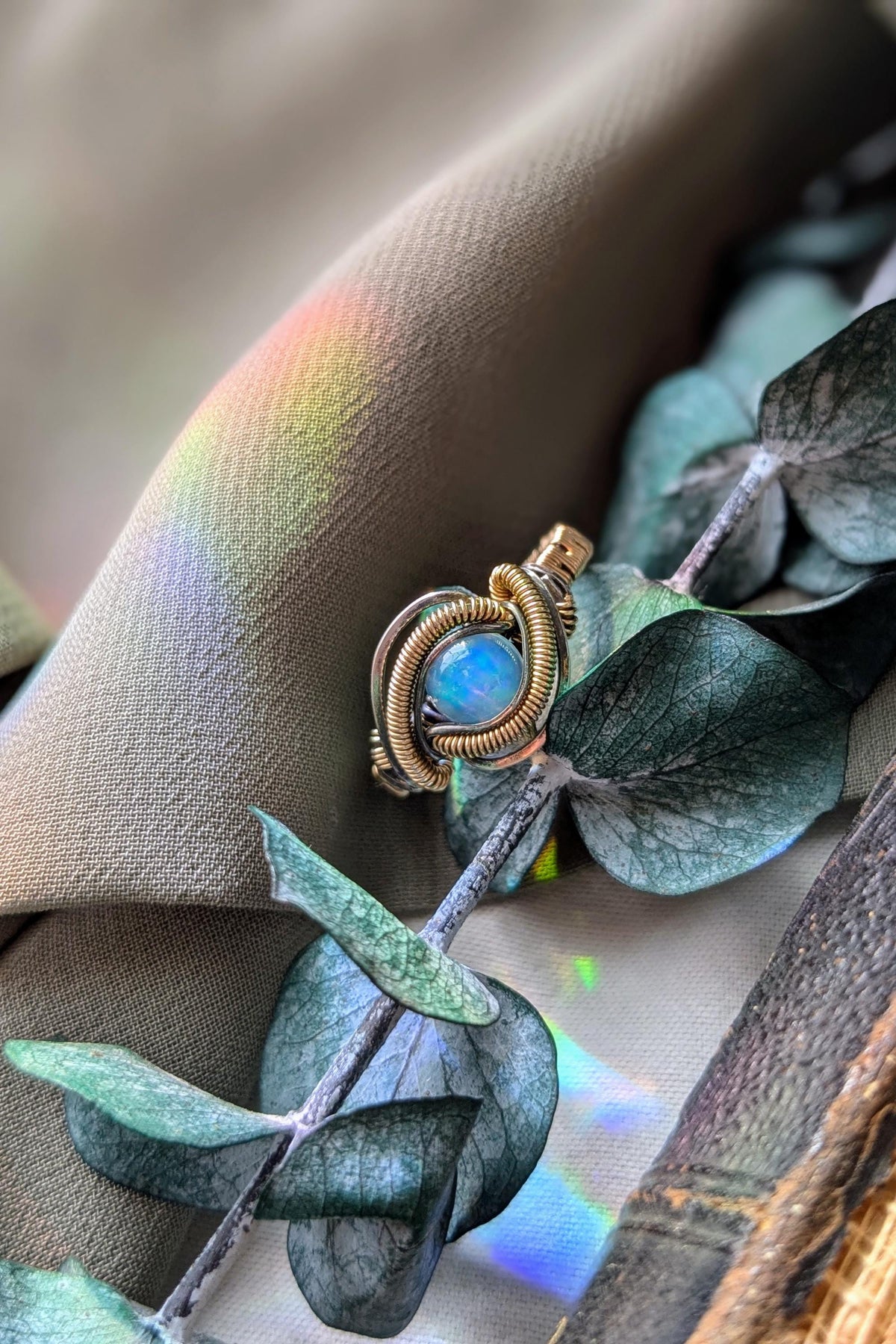Handcrafted Opal Ring Wrapped in Gold Filled Wire and Sterling Silver Wire