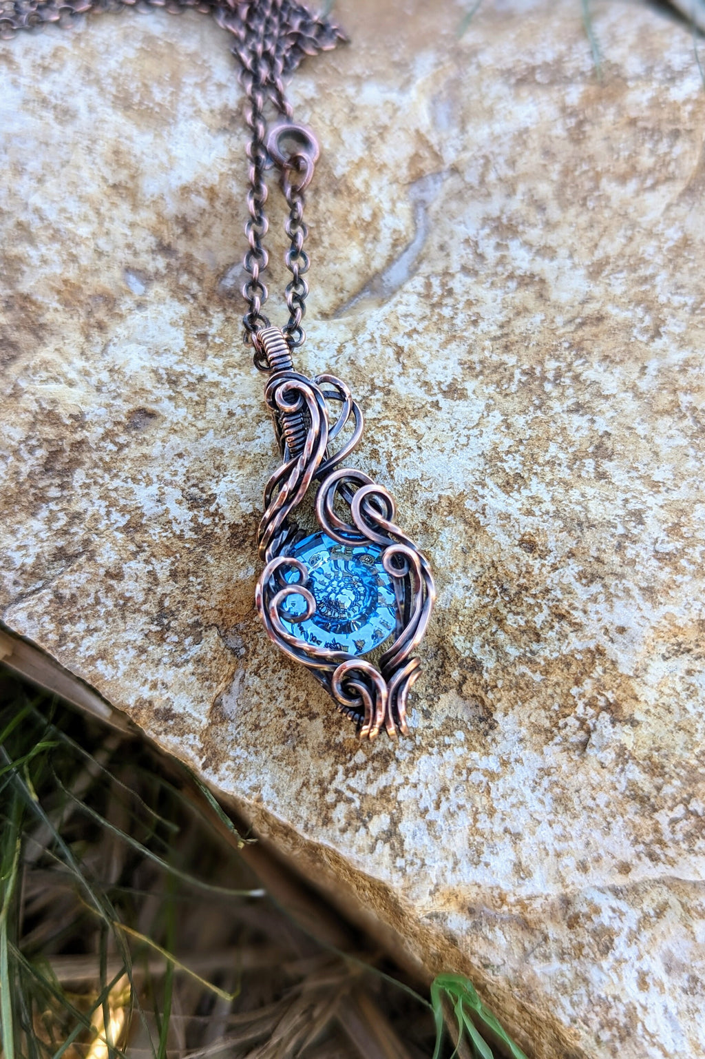 Blue Swarovski® Stone and Copper Wire Wrap Necklace