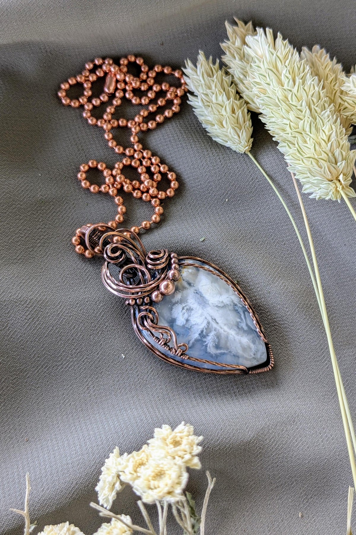 Raw Copper Wire Wrapped Stone Pendant, Oxidized Finish