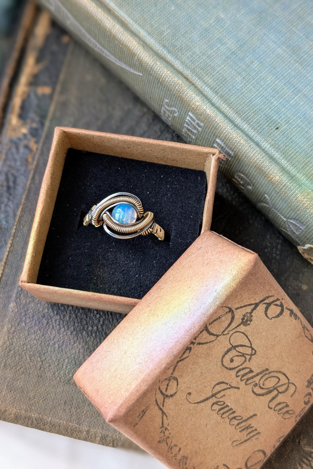 Handcrafted Opal Ring Wrapped in Gold Filled Wire and Sterling Silver Wire