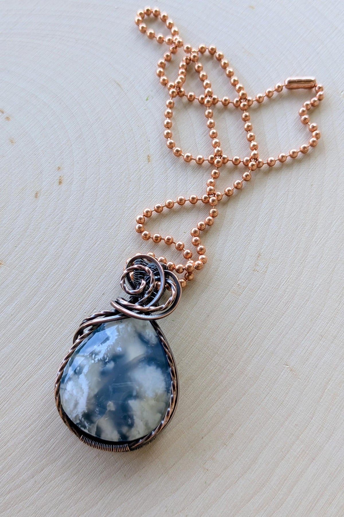 Sky Agate and Oxidized Copper Wire Wrapped Stone Pendant