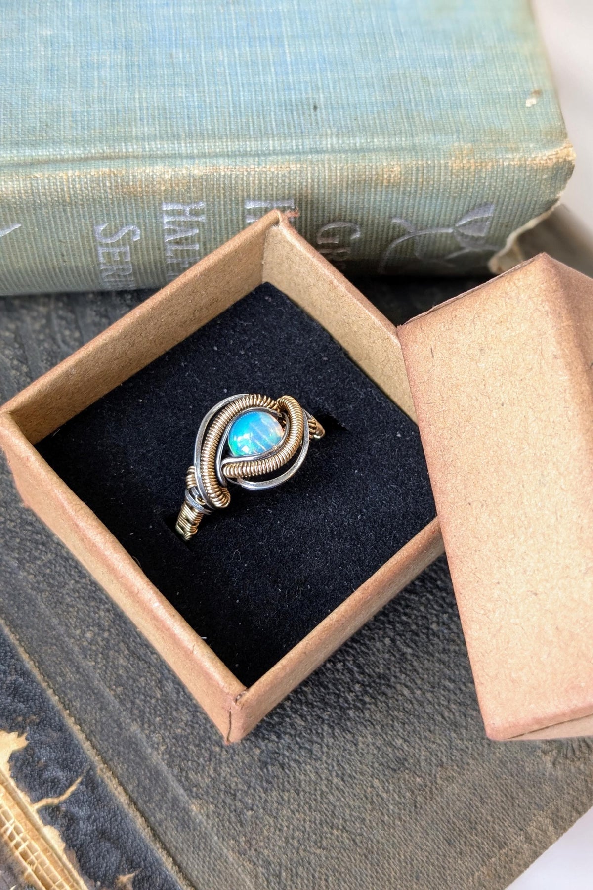 Handcrafted Opal Ring Wrapped in Gold Filled Wire and Sterling Silver Wire