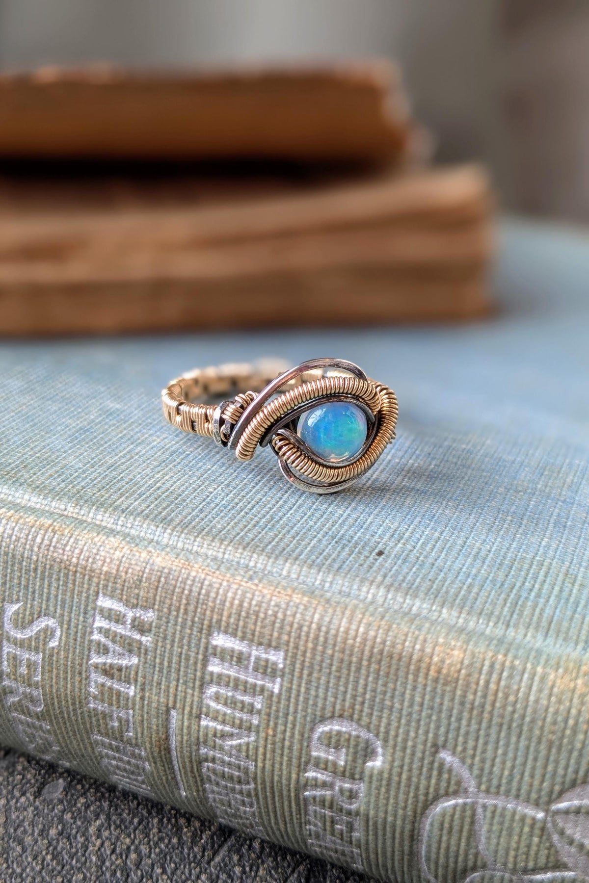 Handcrafted Opal Ring Wrapped in Gold Filled Wire and Sterling Silver Wire