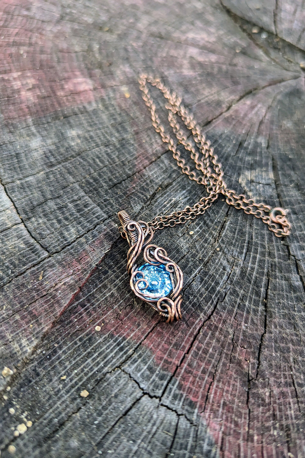 Blue Swarovski® Stone and Copper Wire Wrap Necklace