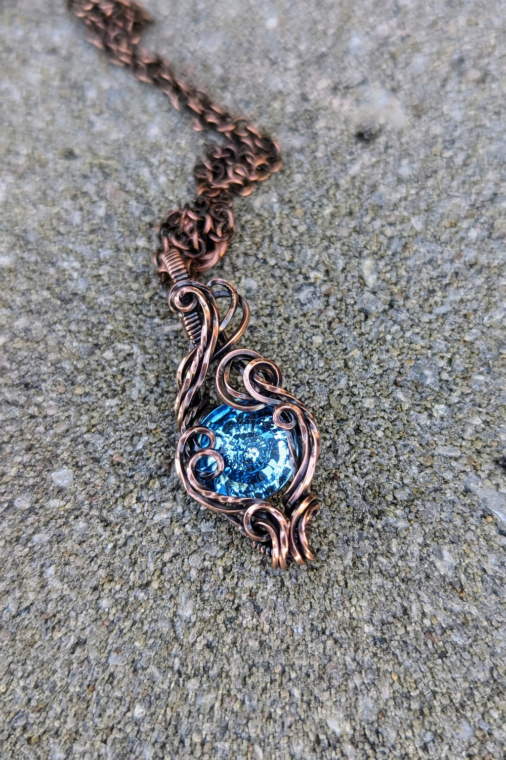 Blue Swarovski® Stone and Copper Wire Wrap Necklace