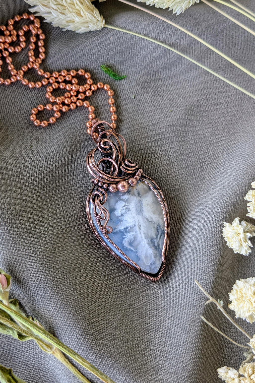 Raw Copper Wire Wrapped Stone Pendant, Oxidized Finish